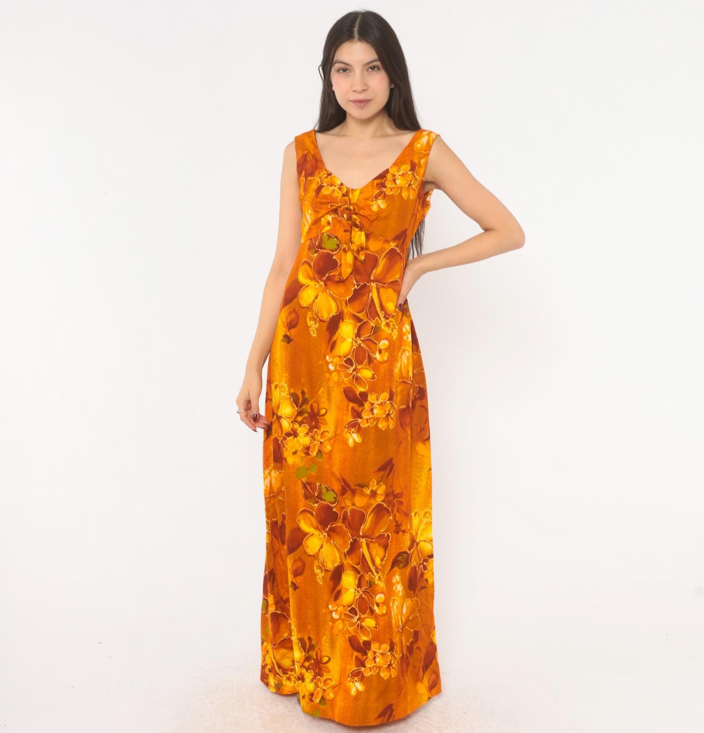 70s Kawika of Hawaii Maxi Dress Orange Floral Empire Waist Medium