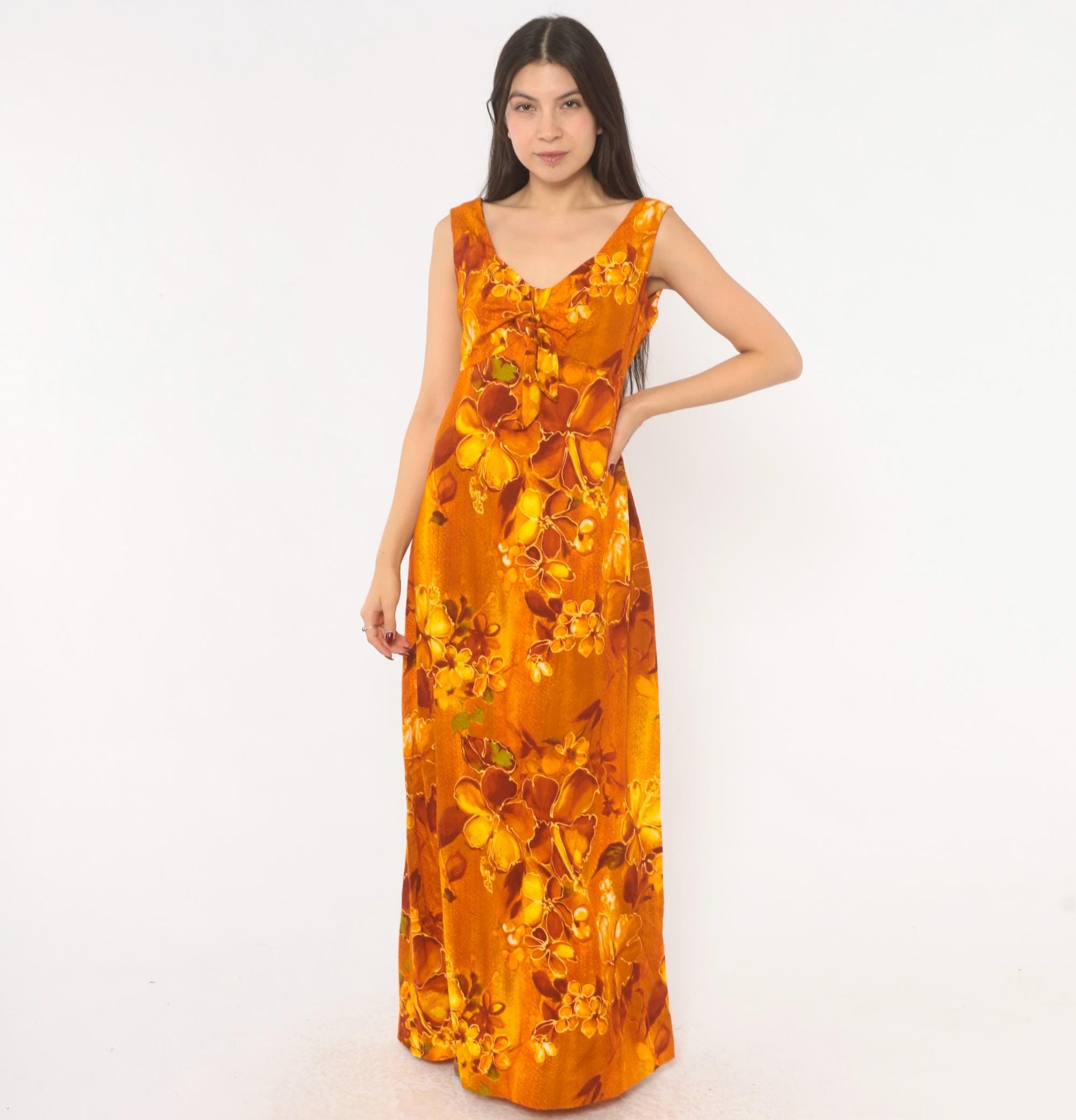 70s Kawika of Hawaii Maxi Dress Orange Floral Empire Waist Medium