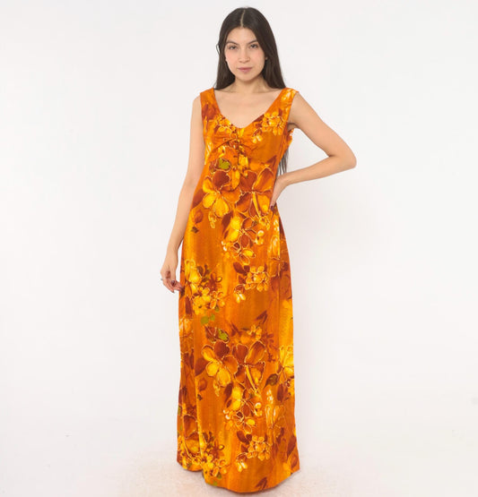 70s Kawika of Hawaii Maxi Dress Orange Floral Empire Waist Medium