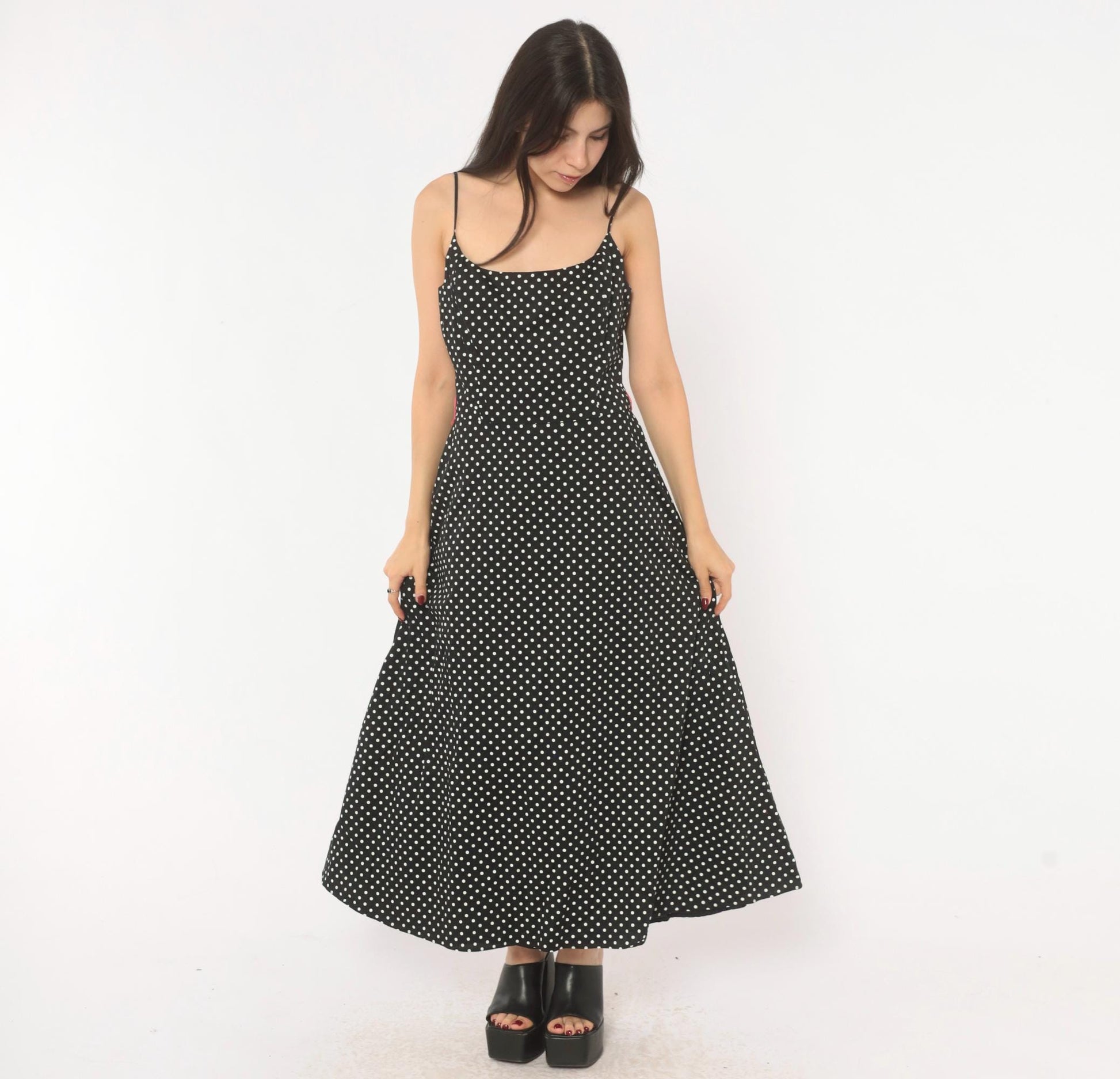 90s Jessica Howard Black White Polka Dot Cotton Maxi Slip Dress Medium M