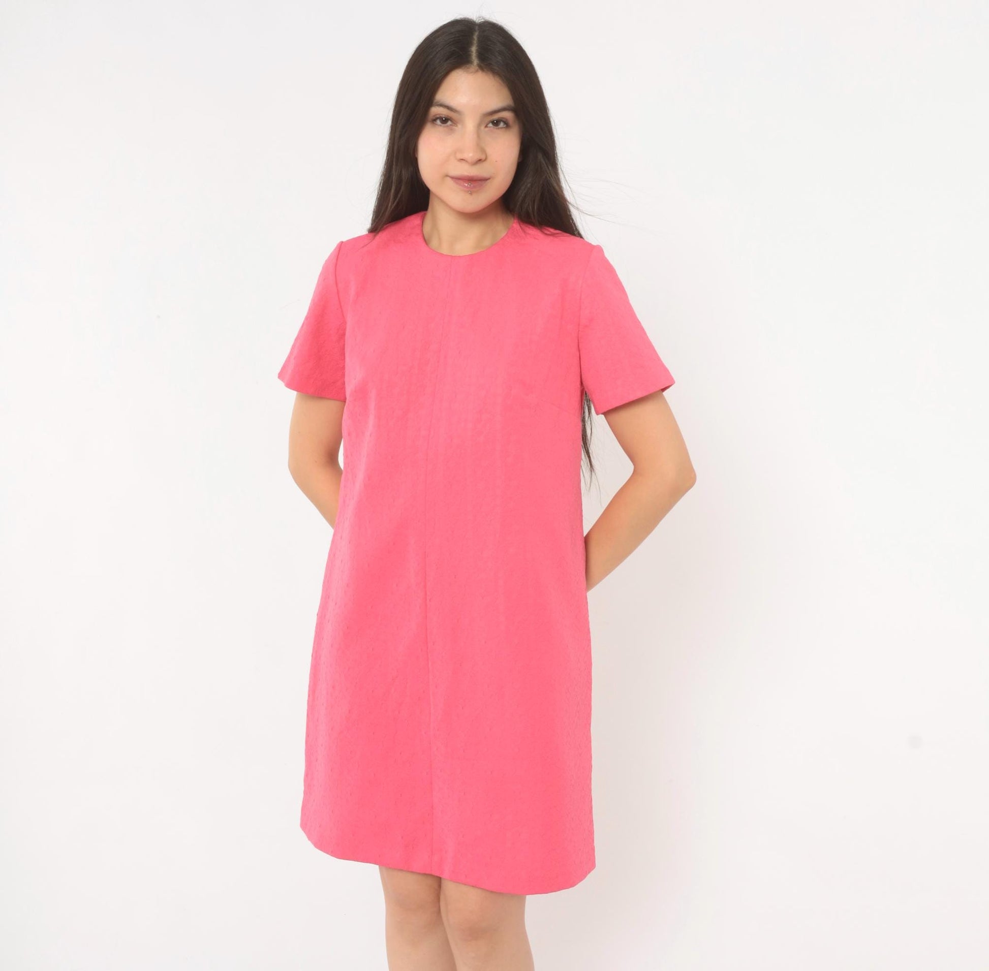 70s Hot Pink Shift Dress Jacquard Crew Neck A-Line Knee Length Medium M