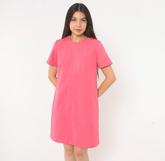 70s Hot Pink Shift Dress Jacquard Crew Neck A-Line Knee Length Medium M