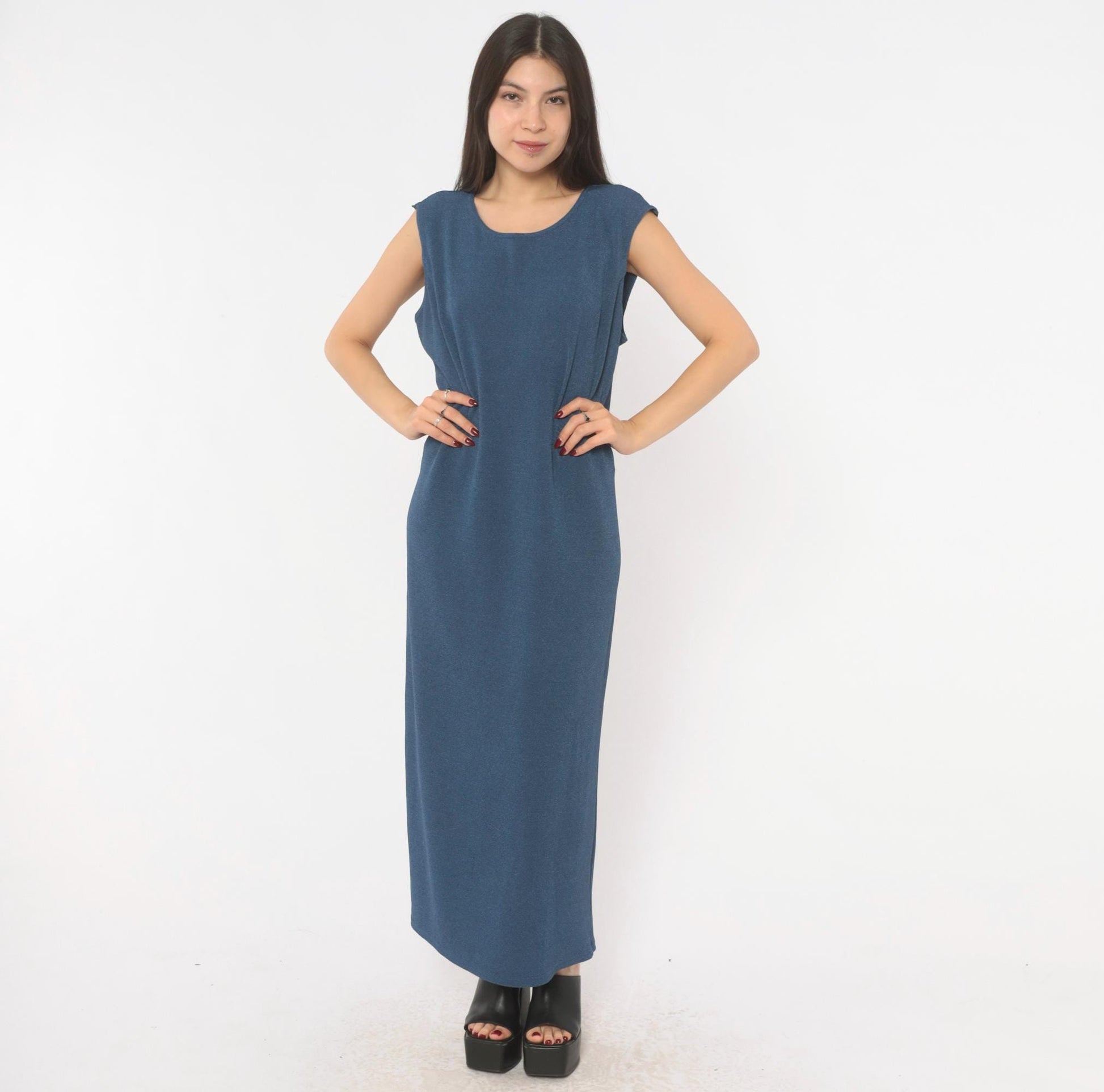 90s Slate Blue Sleeveless Maxi Dress Column Shift Scoop Neck Extra Large XL