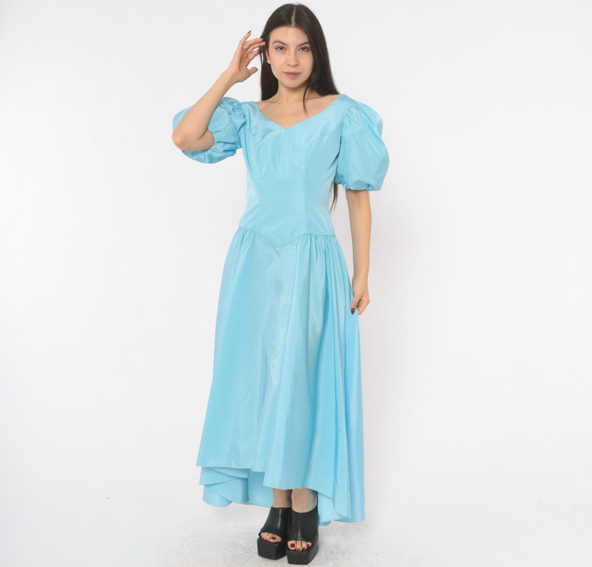 80s Sky Blue Puff Sleeve Gown Sweetheart Neckline Bow Back Maxi Medium M