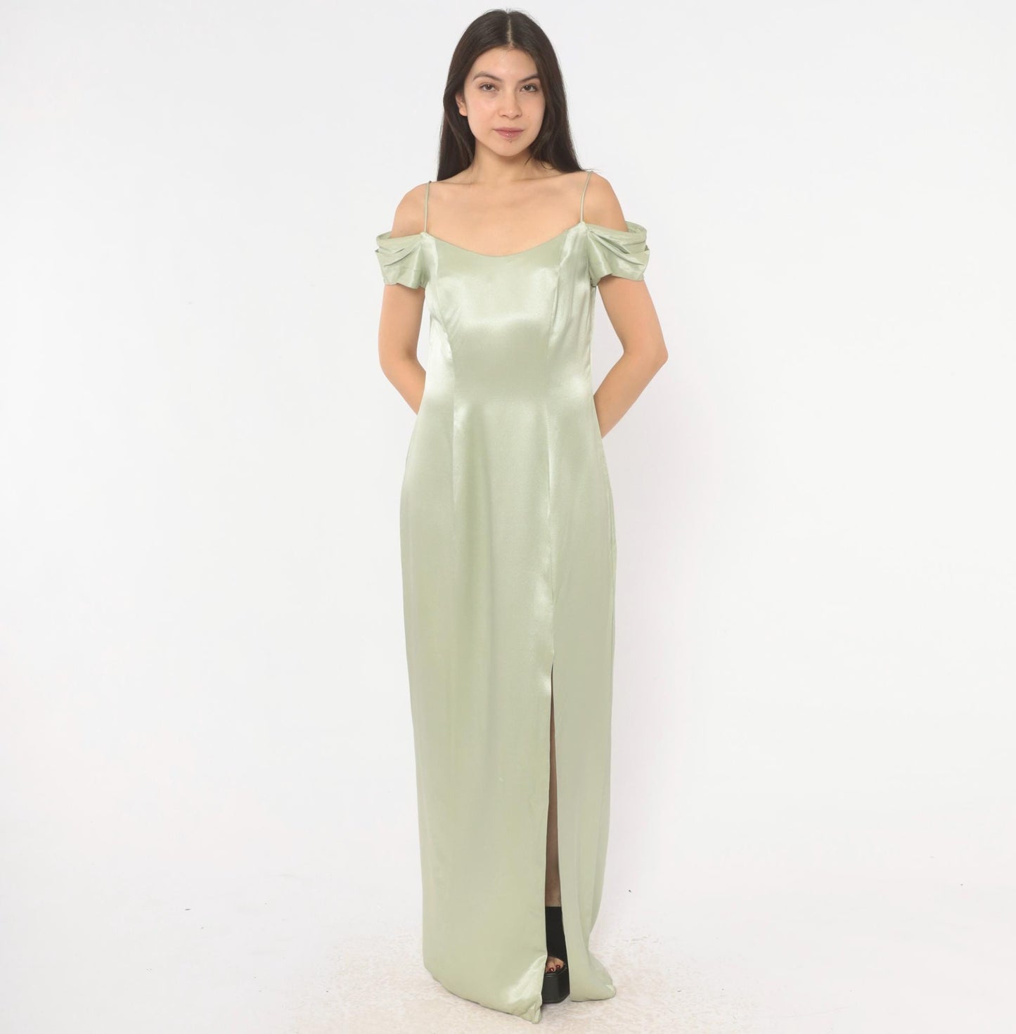90s Bill Levkoff Sage Green Cold Shoulder Maxi Gown Medium M