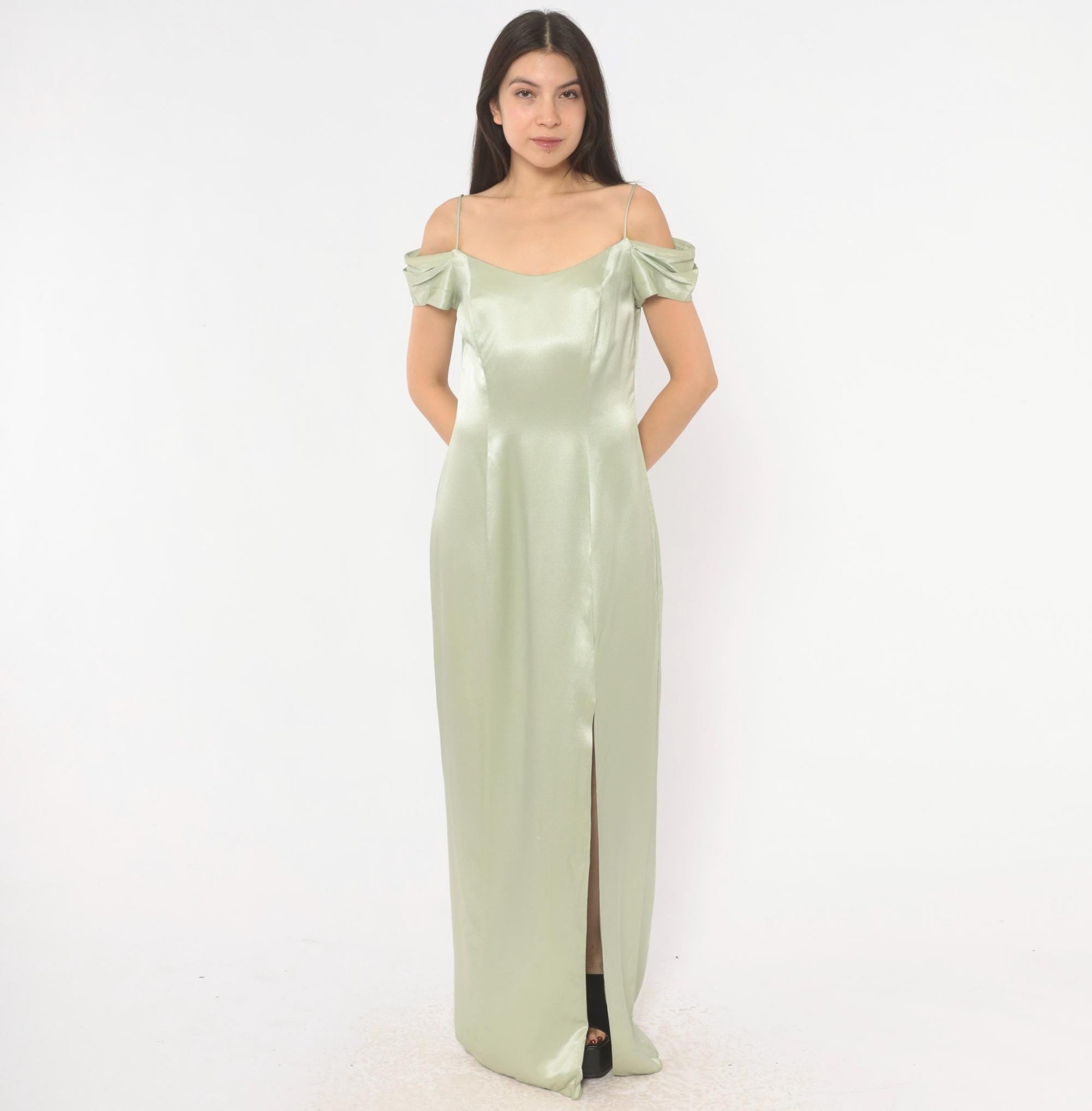 90s Bill Levkoff Sage Green Cold Shoulder Maxi Gown Medium M