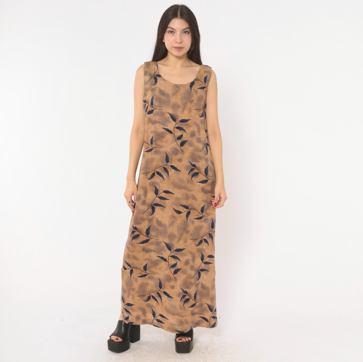 90s Miss Dorby Leaf Print Maxi Dress Tan Navy Sleeveless Medium M