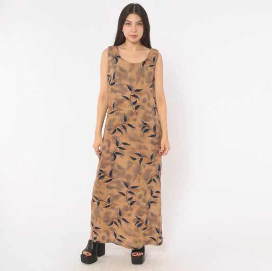 90s Miss Dorby Leaf Print Maxi Dress Tan Navy Sleeveless Medium M