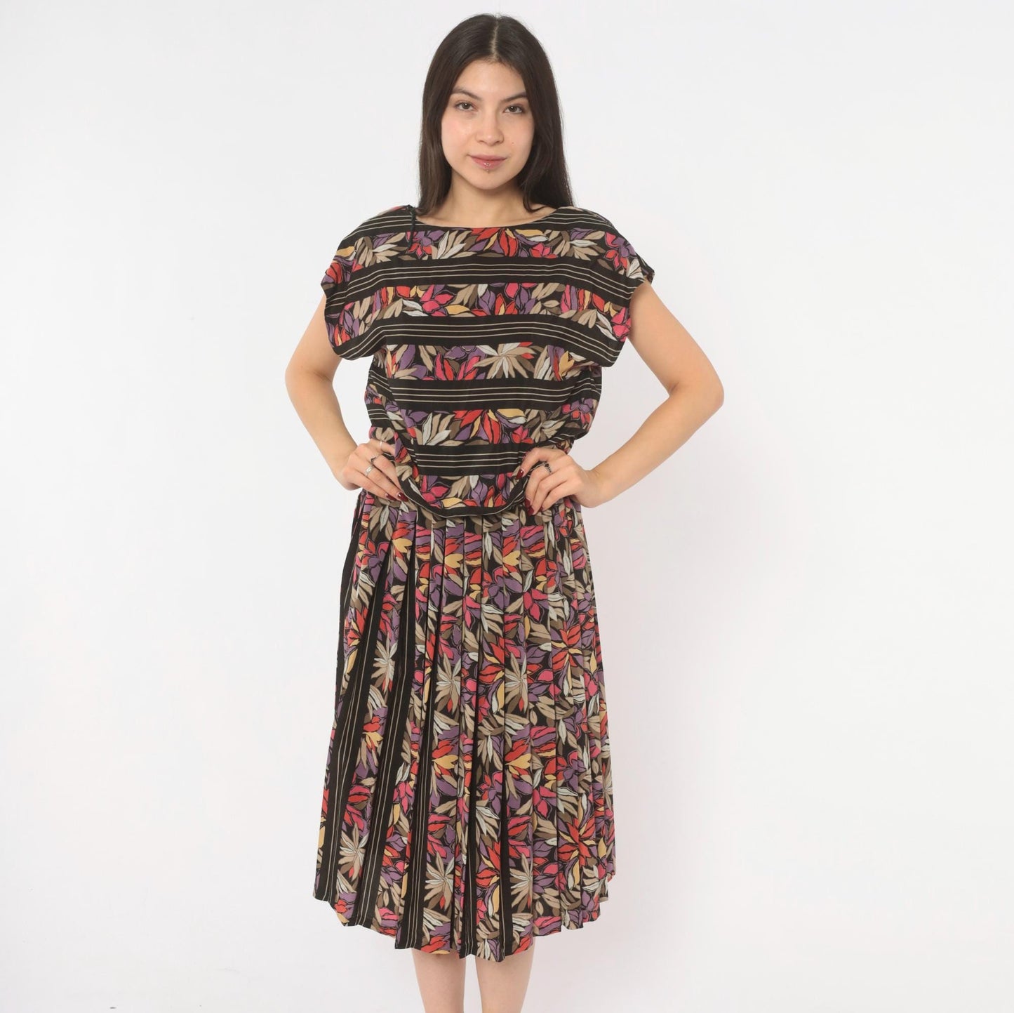 80s Secrets Botanical Leaf Print Midi Dress Black Cap Sleeve Drop Waist Small