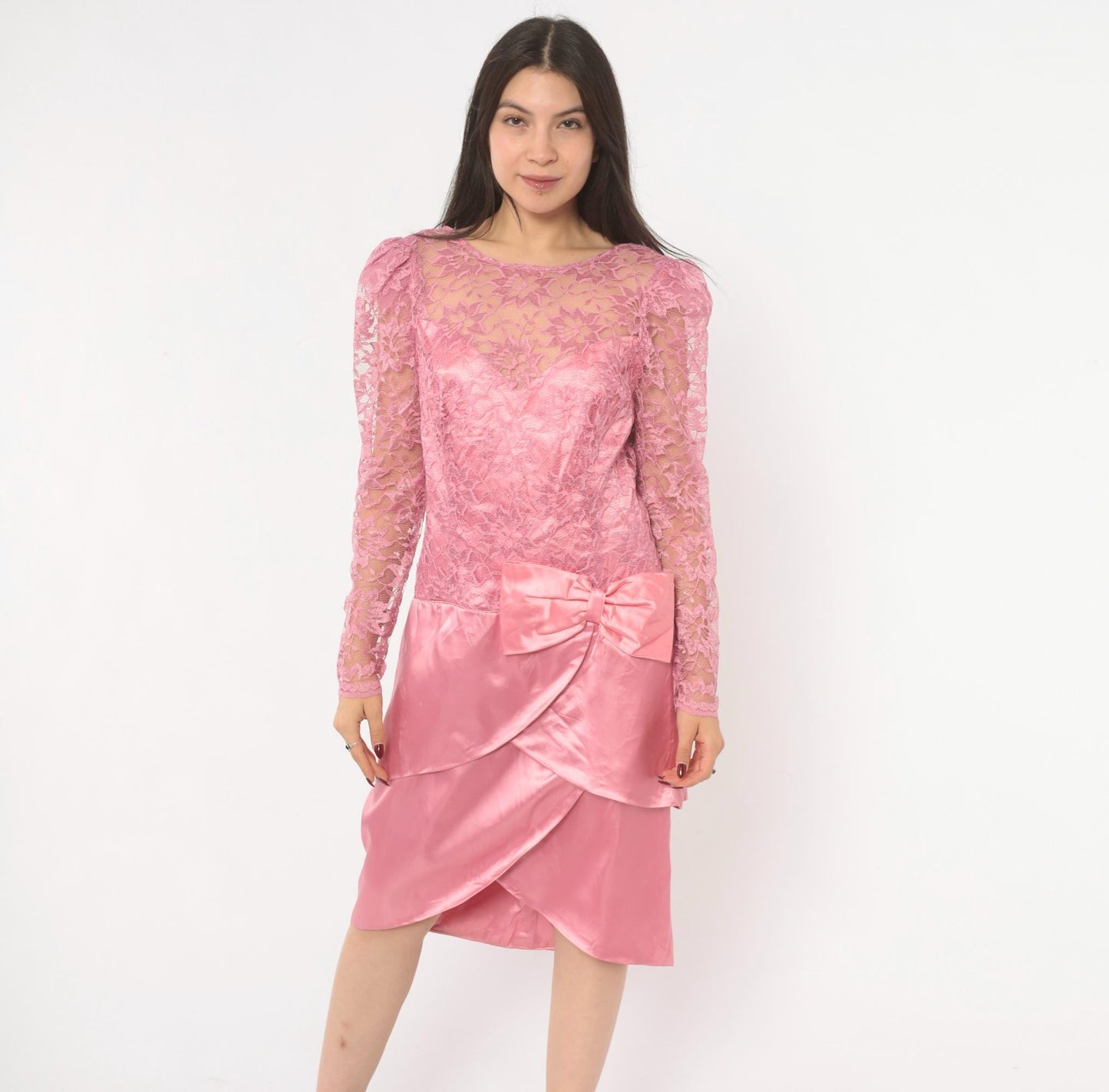 80s Pink Lace Satin Dress Puff Sleeve Bow Tiered Tulip Skirt Large L
