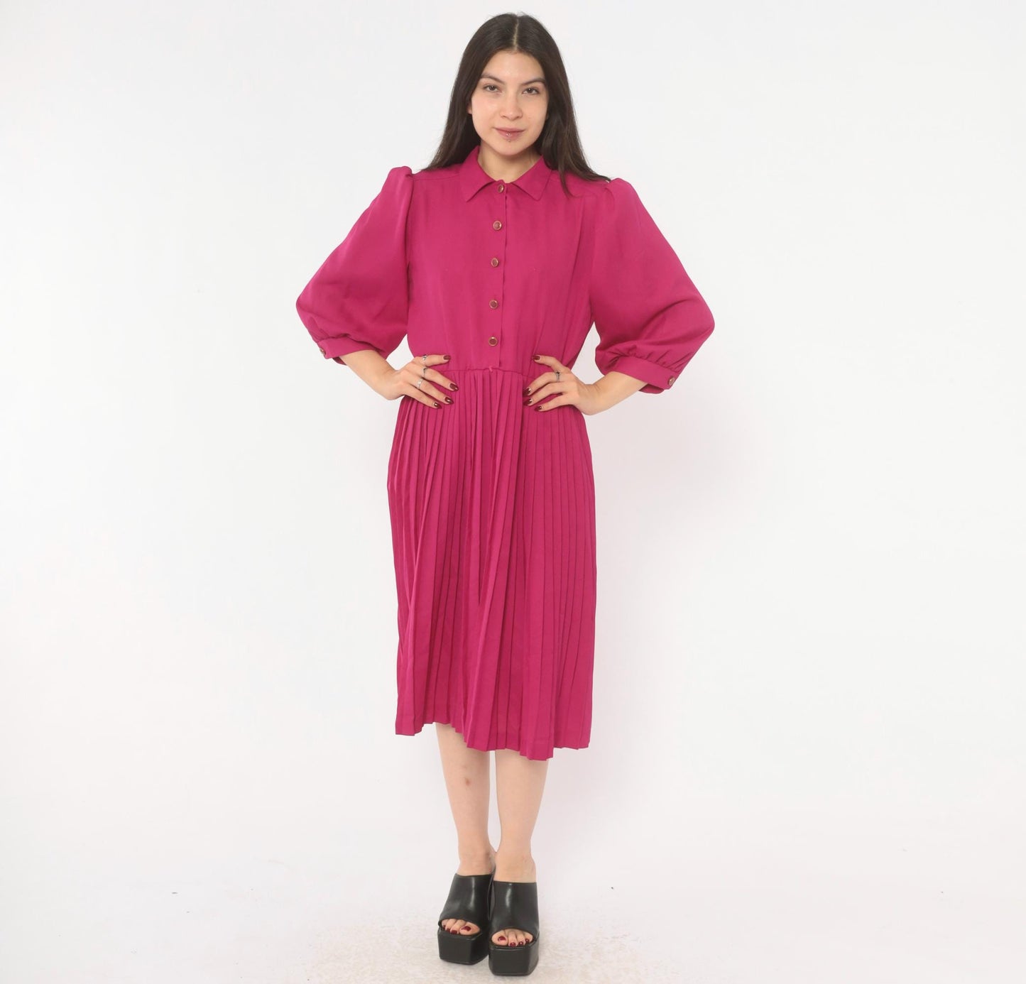 80s Sabino Petites Fuchsia Pleated Shirt Dress Puff Sleeve Knee Length Small