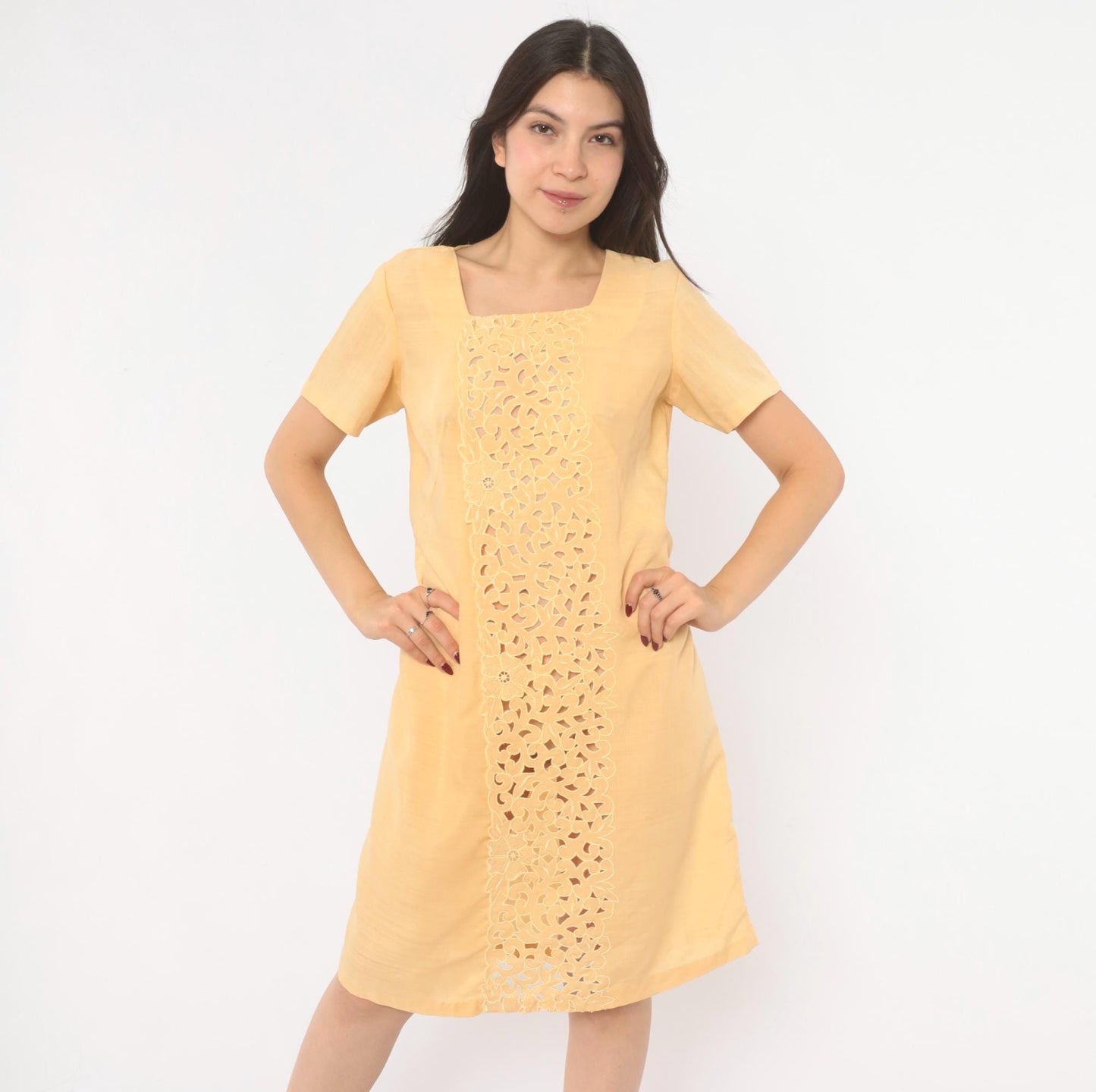 80s Peach Cutwork Lace Shift Dress Cotton Square Neck Floral Embroidered Small