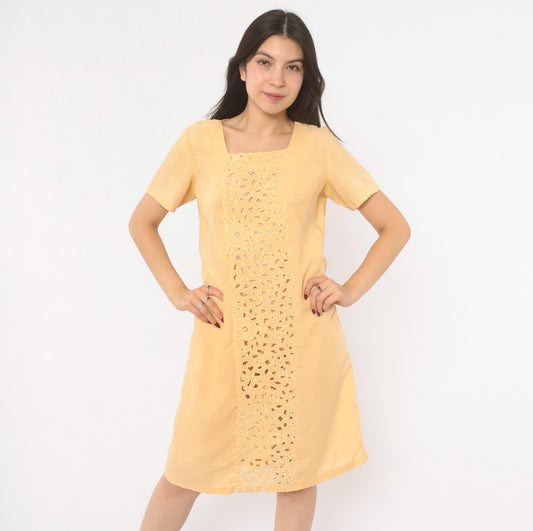 80s Peach Cutwork Lace Shift Dress Cotton Square Neck Floral Embroidered Small