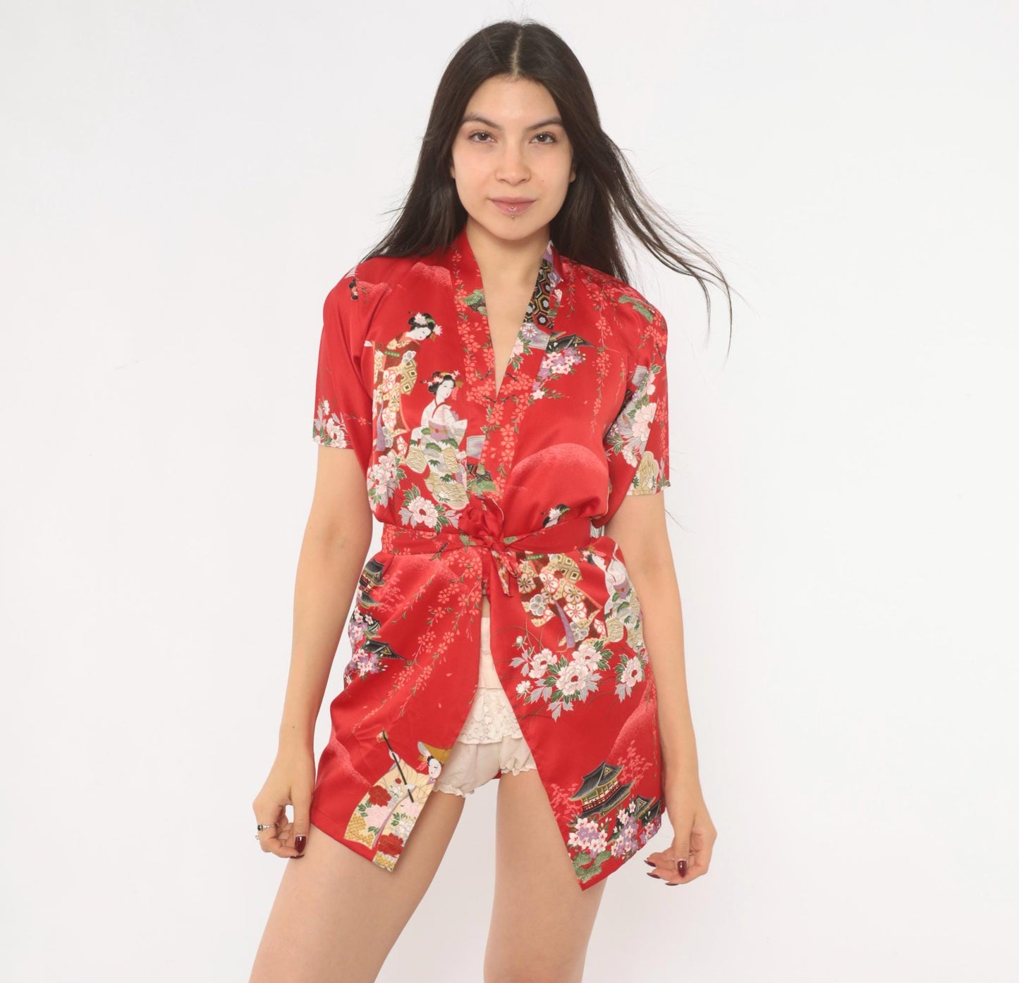90s Red Geisha Cherry Blossom Satin Kimono Robe Mini XXS