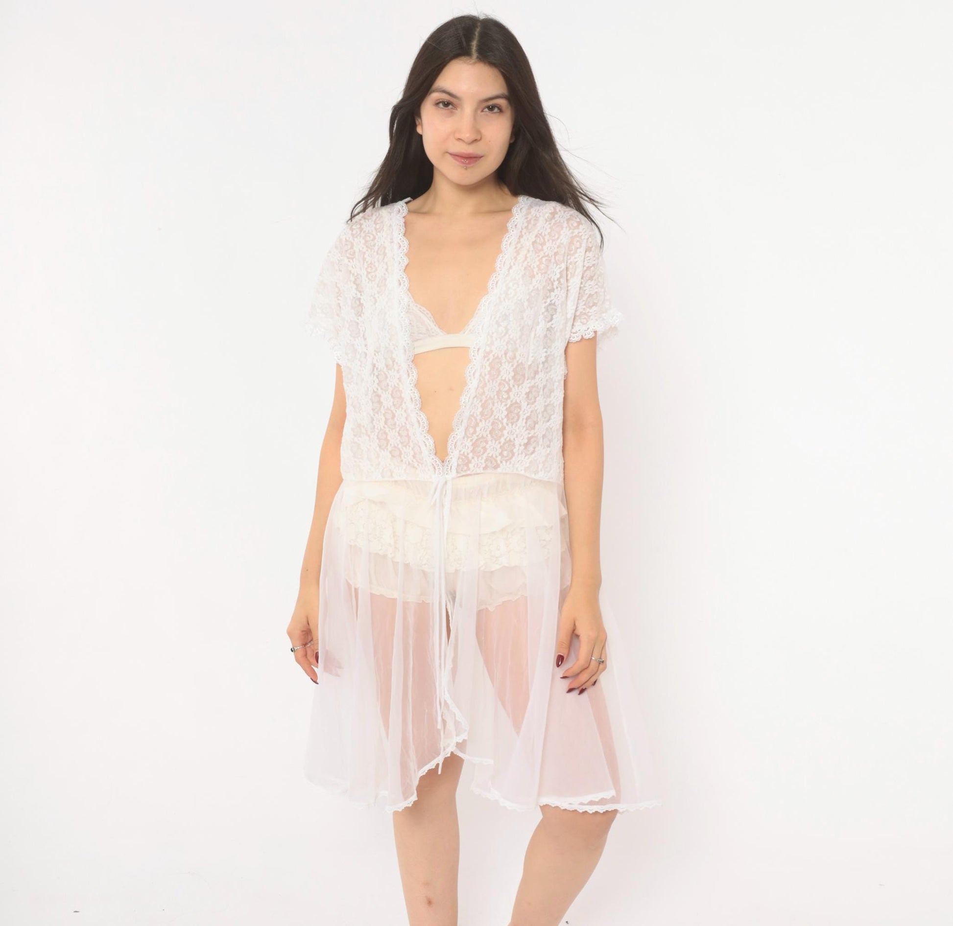 90s Delicates Woman White Lace Peignoir Robe Knee-Length Plus Size 2X