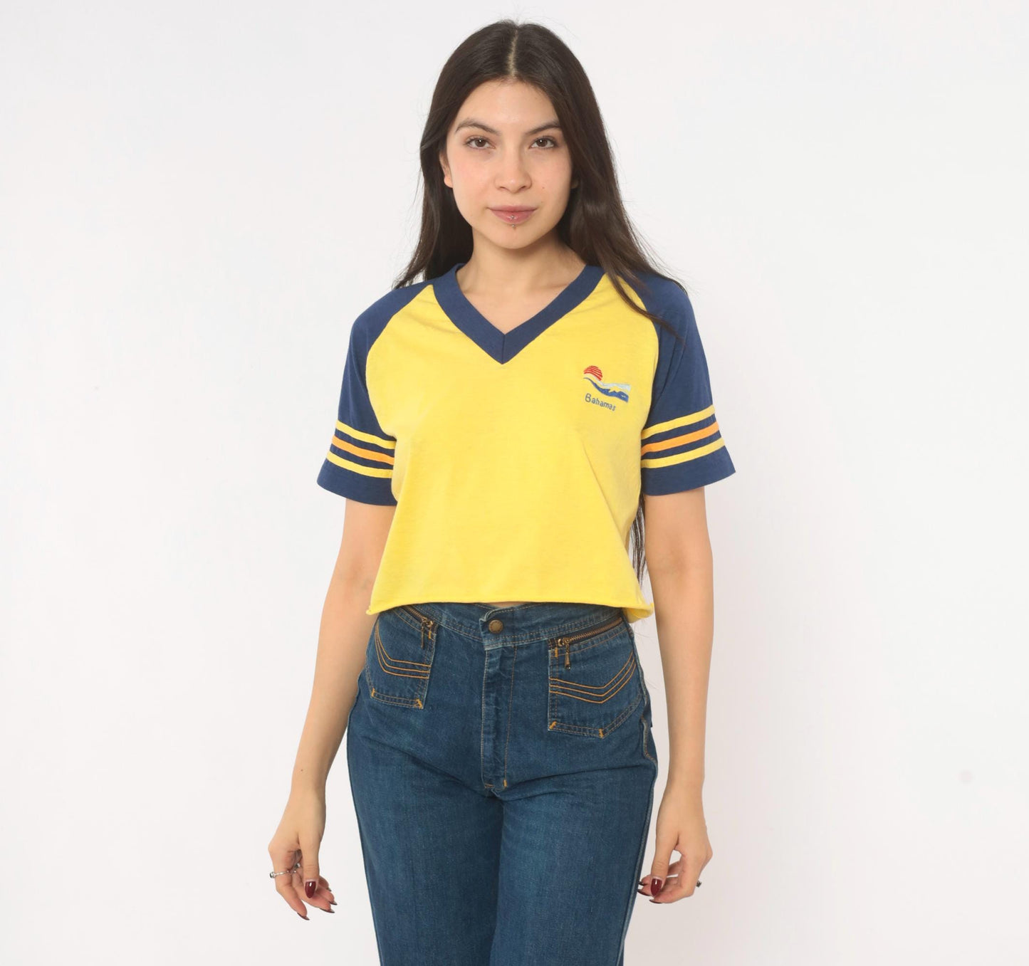 80s Windswept Bahamas Raglan Crop Top Yellow Navy Striped Small