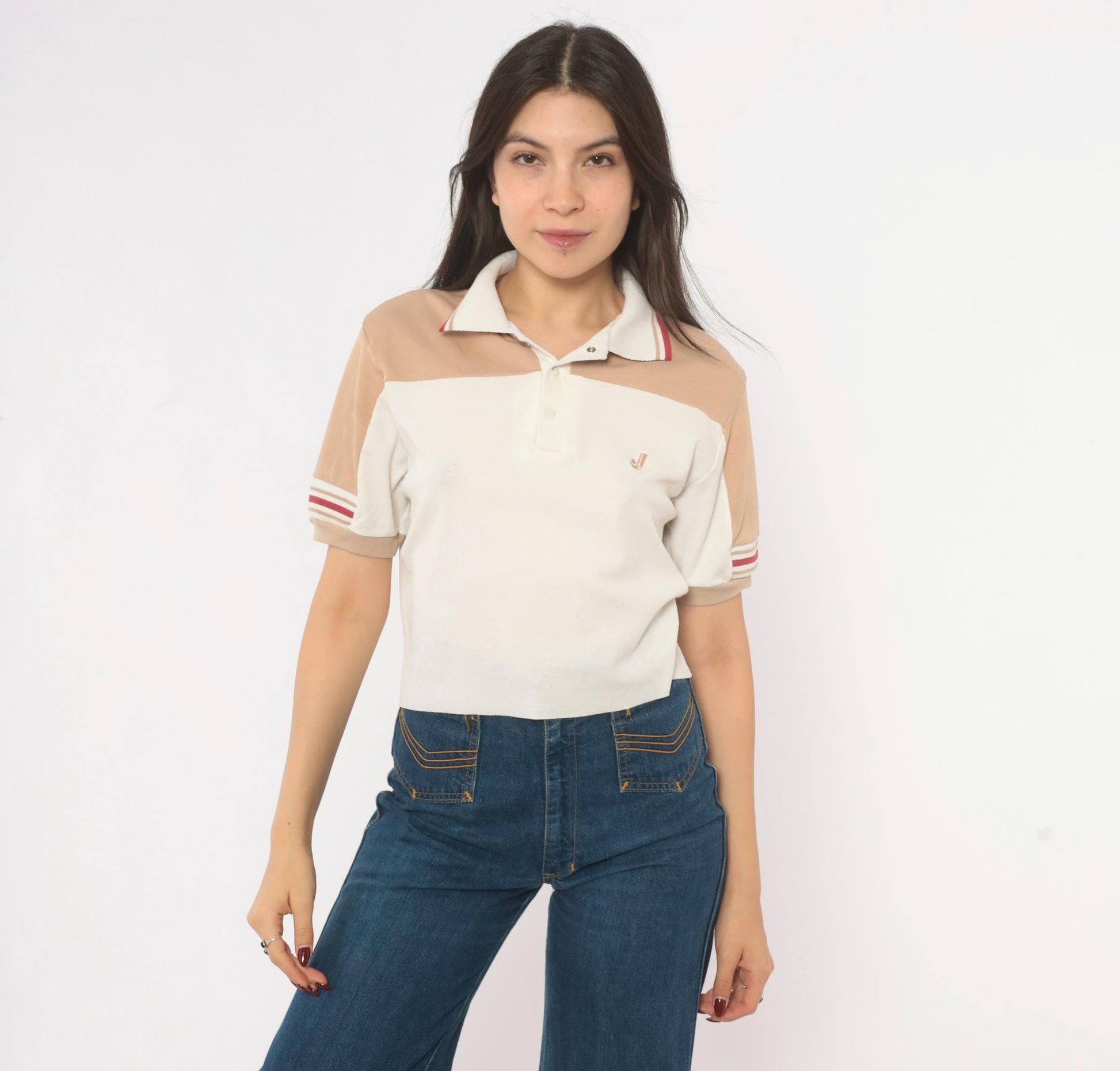80s Jantzen Polo Cream Tan Color Block Snap Button Knit Top Small S