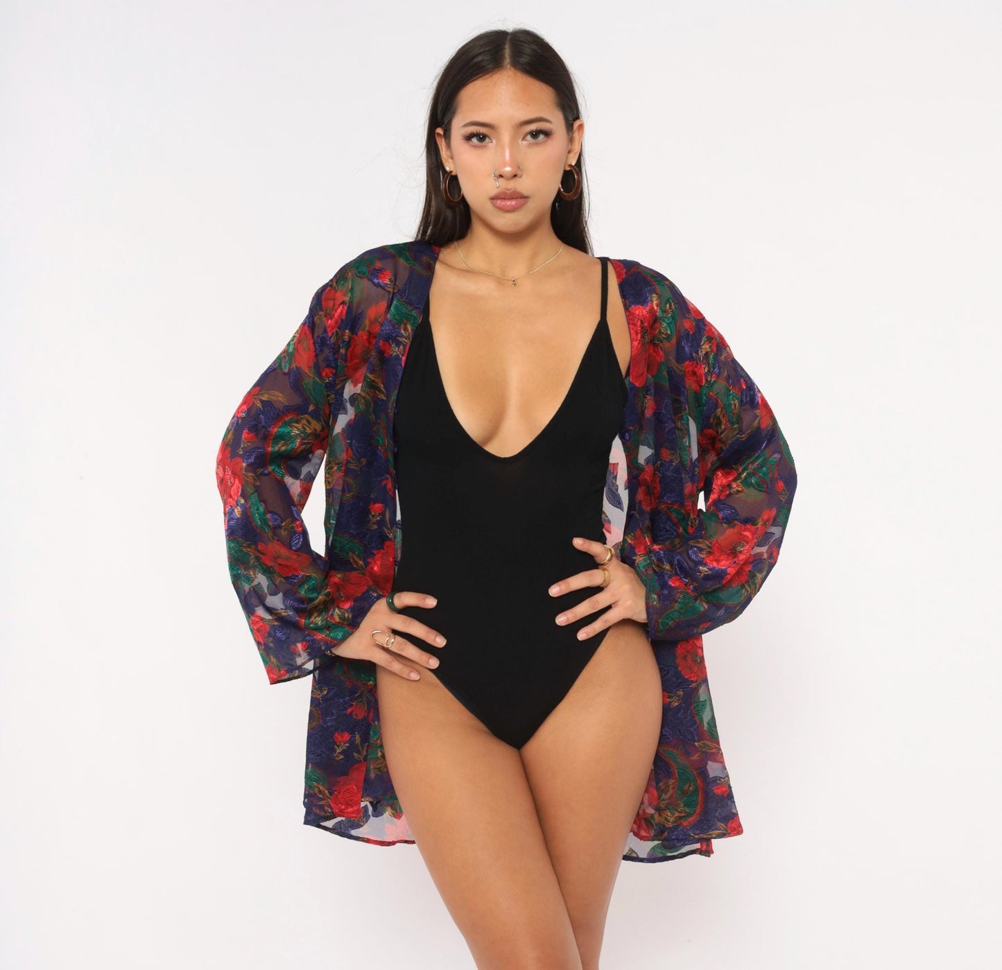 90s Victoria's Secret Sheer Robe Navy Red Floral Bell Sleeve Button Front Medium