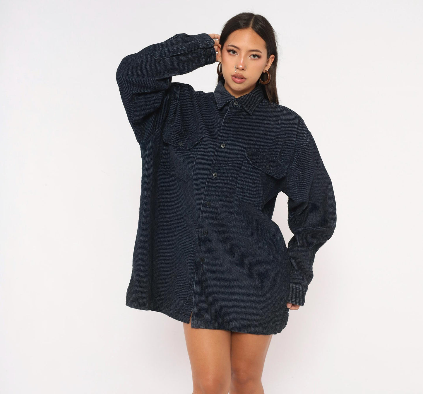 90s World Island Navy Corduroy Button-Up Shirt Cotton Large L