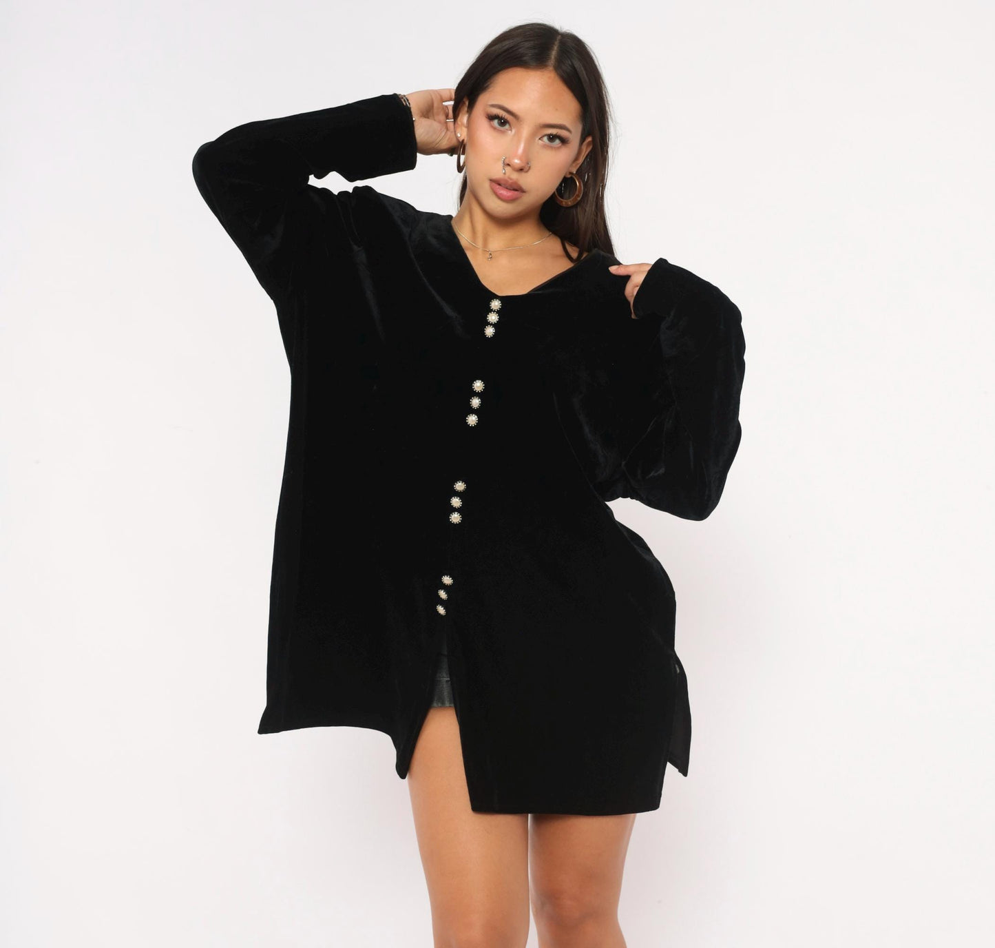 90s Another Thyme Black Velvet Mini Dress Pearl Buttons V-Neck Plus Size 1X