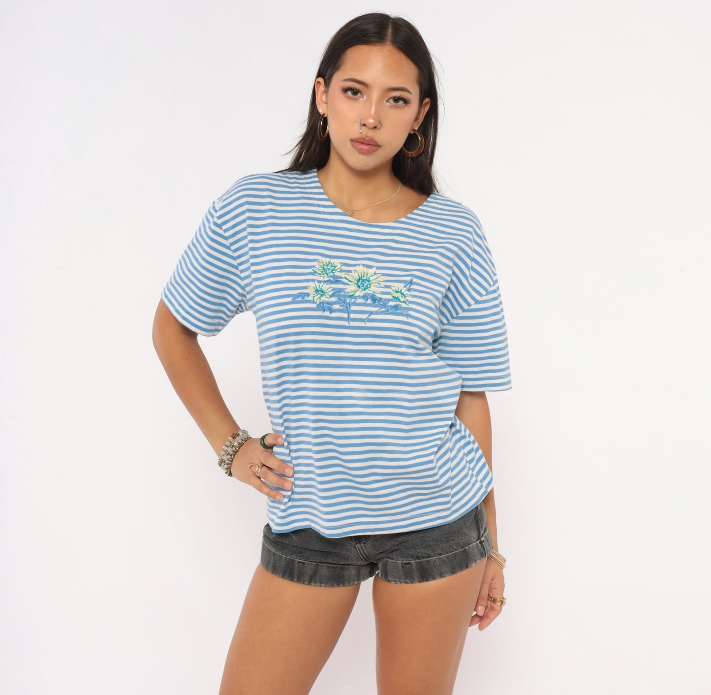 90s Shenanigans Blue White Striped Floral Embroidered Tee Large