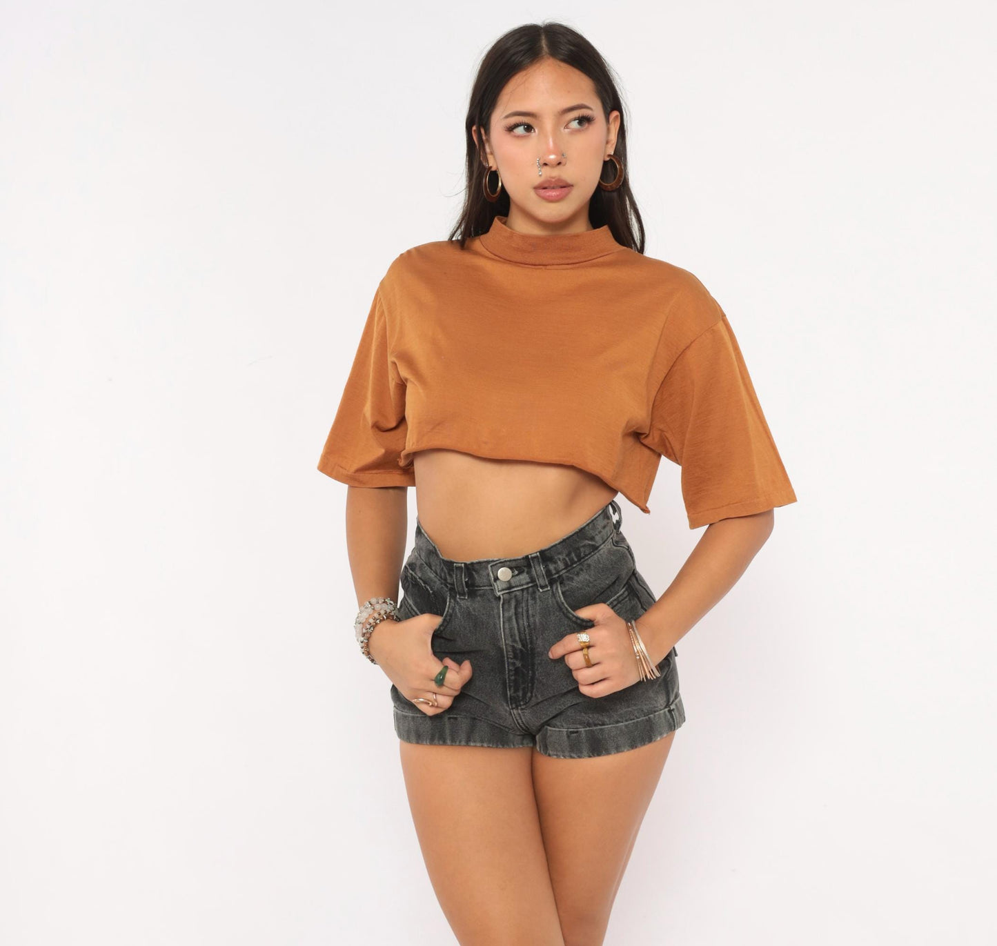 80s The Men's Store Rust Mock Neck Crop Top Cotton Durene Large L