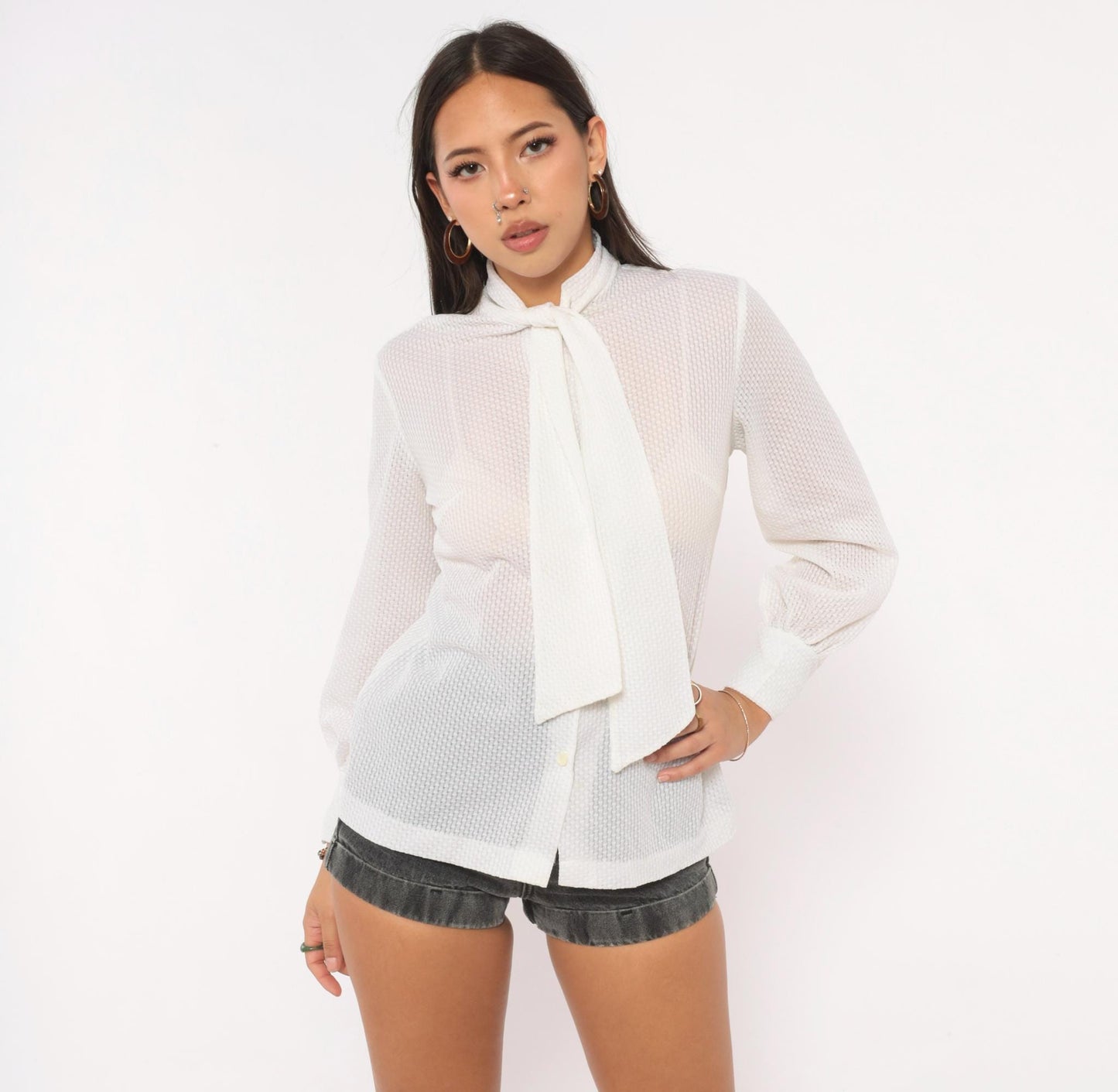 70s White Ascot Bow Blouse Sheer Bishop Sleeve Button Front Medium