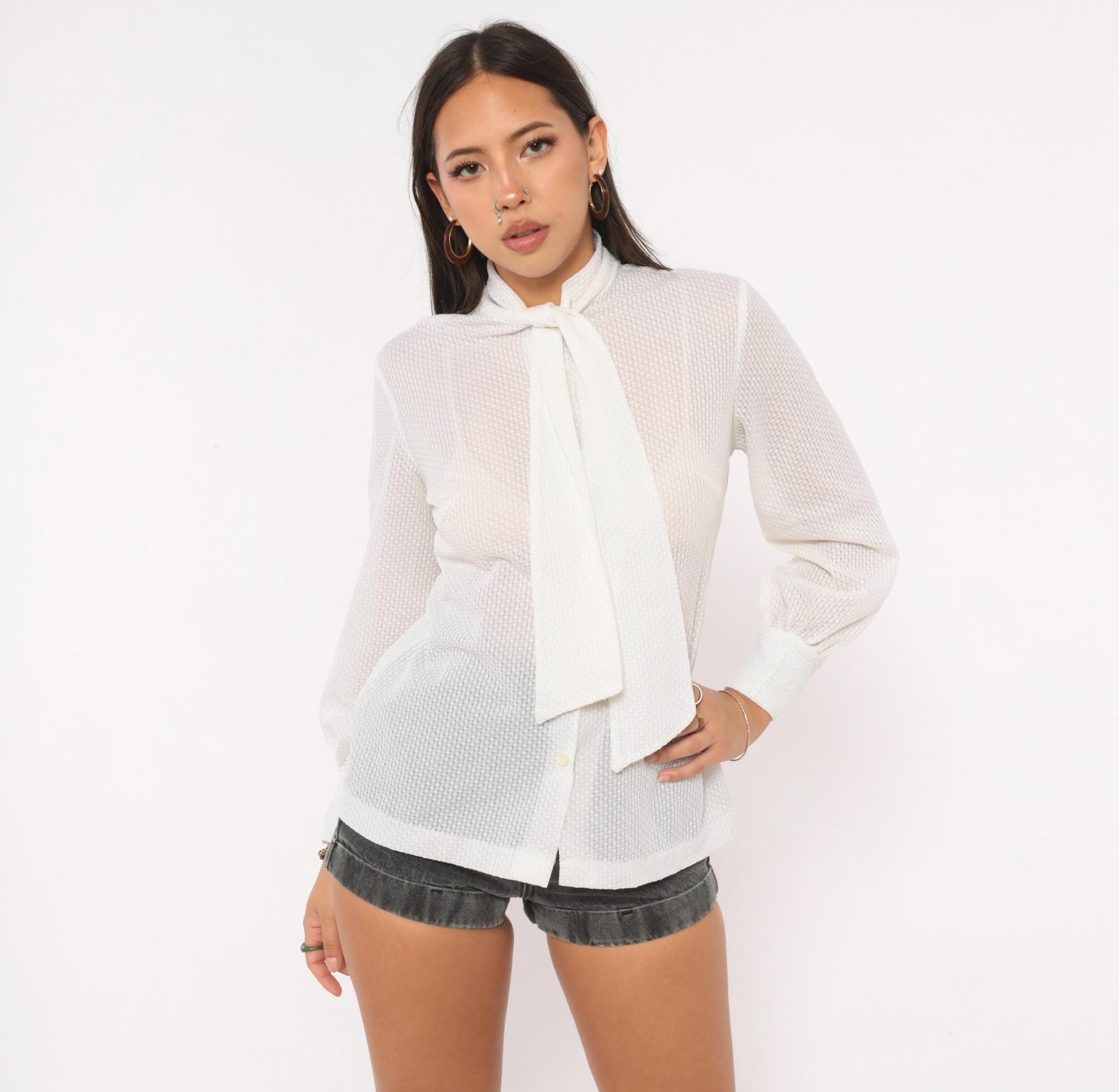 70s White Ascot Bow Blouse Sheer Bishop Sleeve Button Front Medium