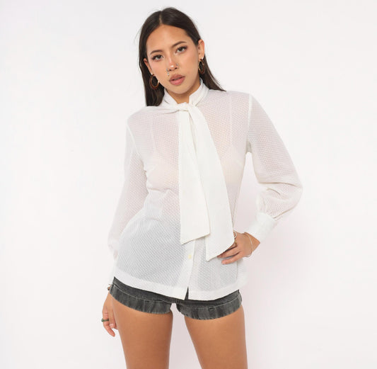 70s White Ascot Bow Blouse Sheer Bishop Sleeve Button Front Medium