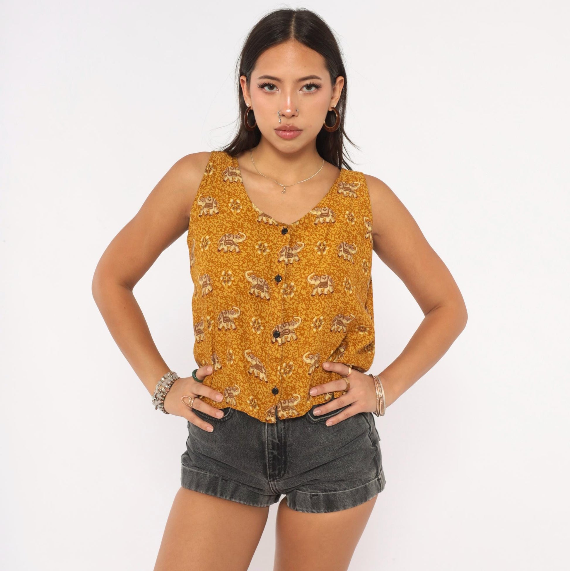 Y2K Dream Island Elephant Print Tank Top Mustard Gold Large L