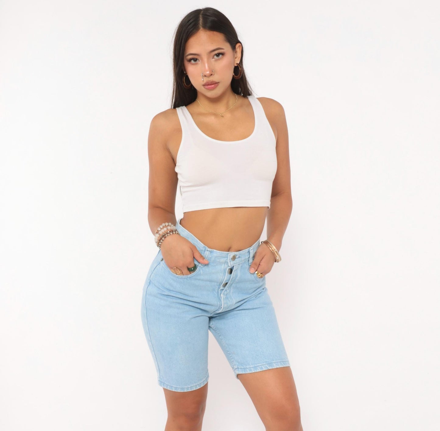 90s Bonjour Light Wash Denim Bermuda Shorts High Rise Button Fly Women's 26