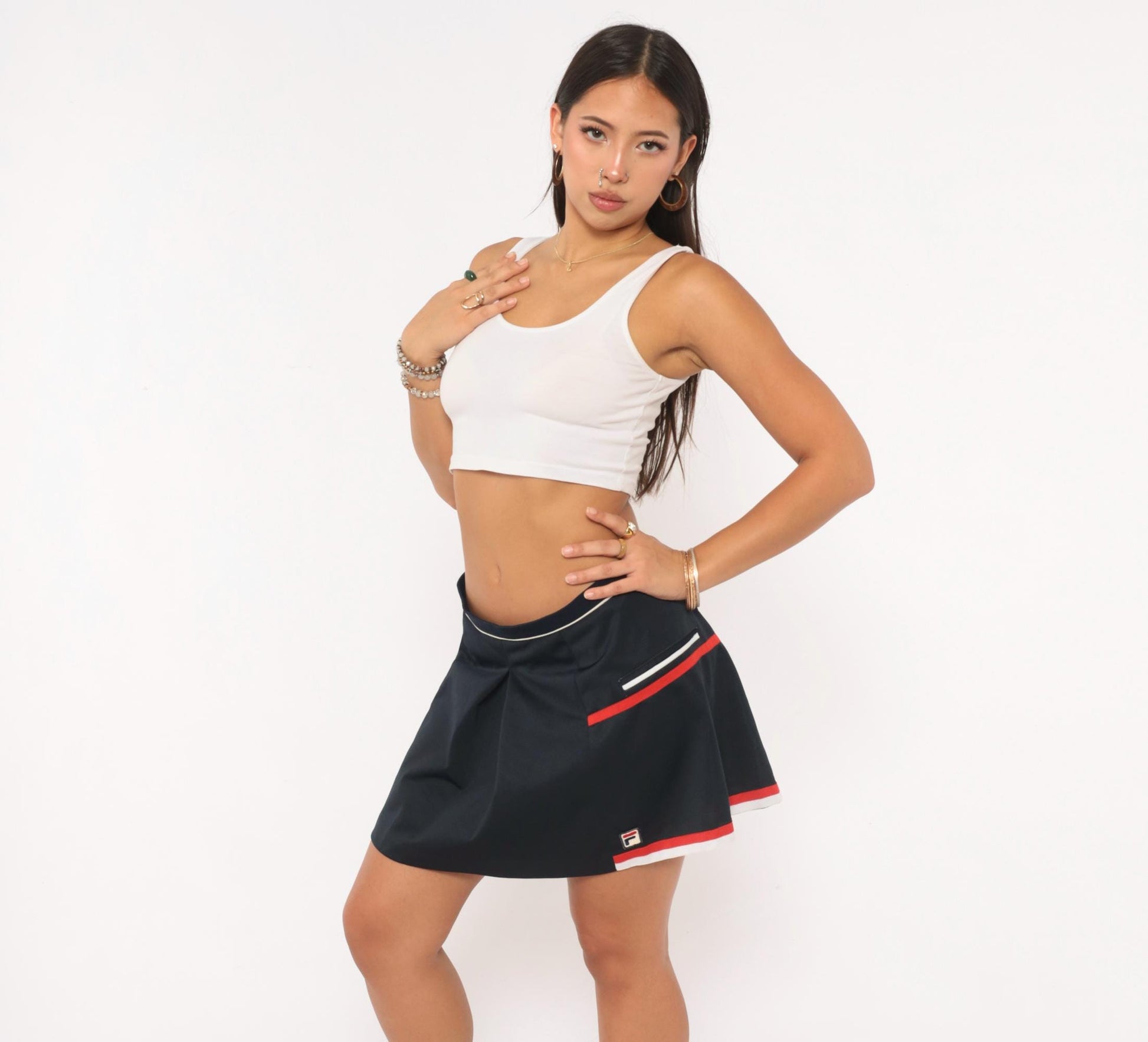 90s Fila Tennis Skirt Navy Pleated Mini Red White Stripe Trim Large L
