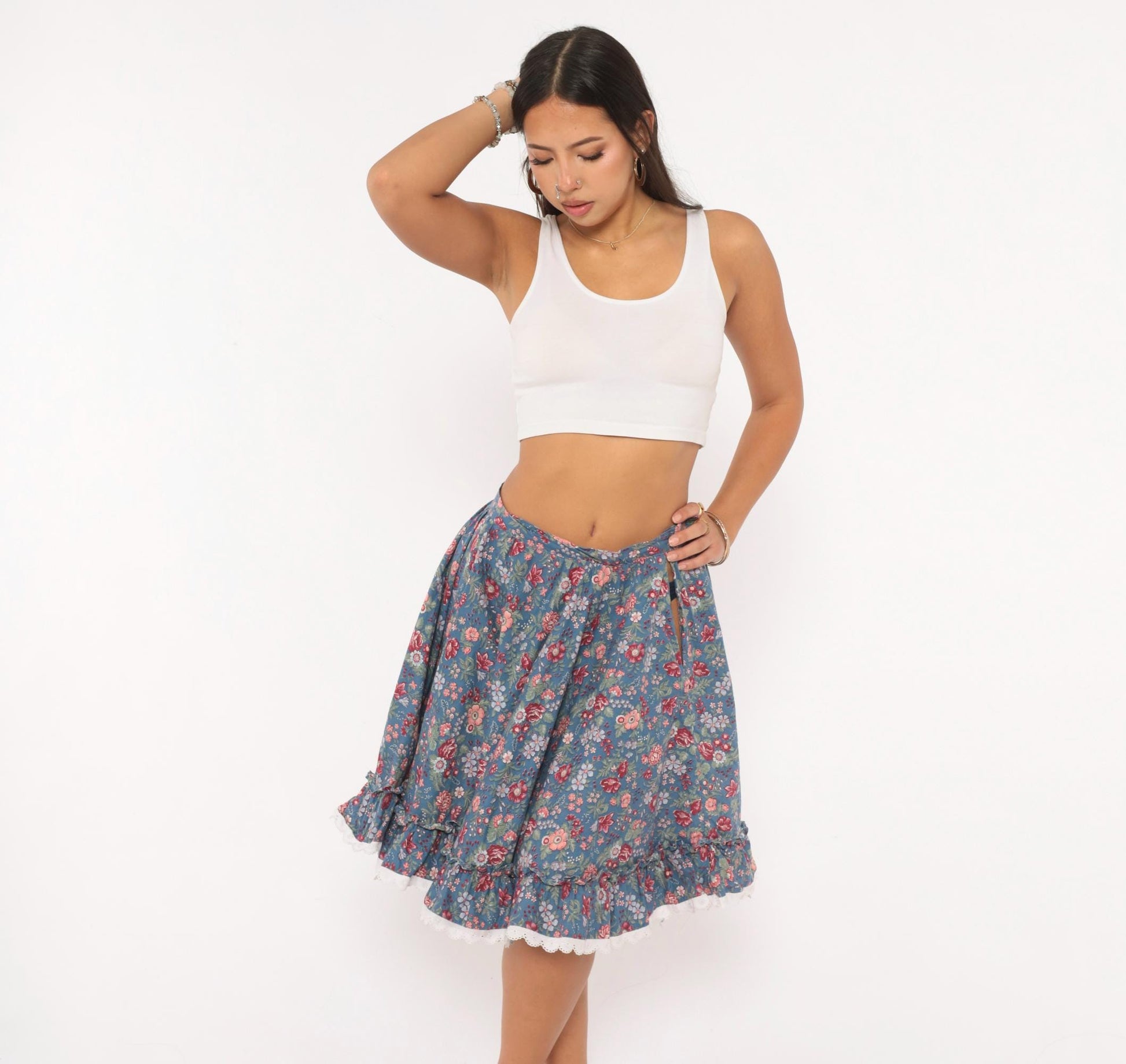 80s Dusty Blue Floral Circle Skirt Cotton Ruffled Lace Trim Small S