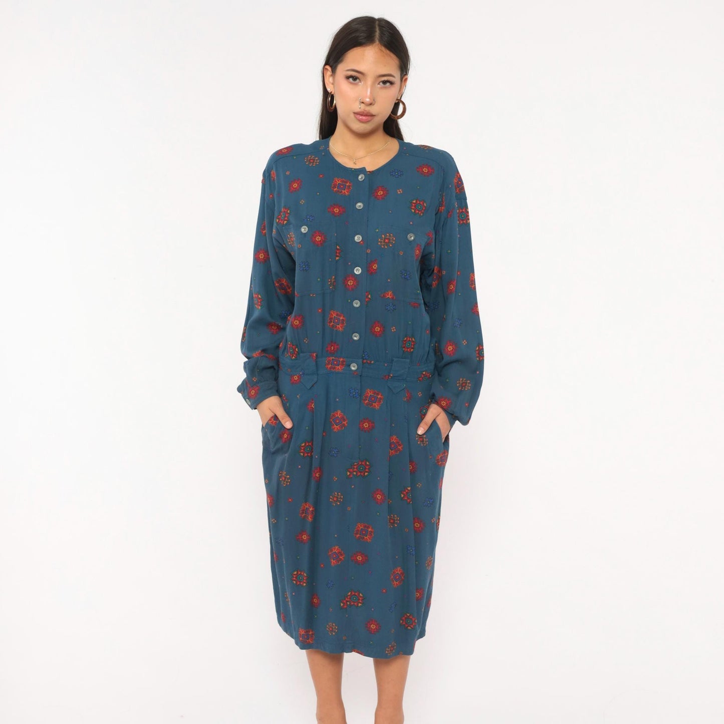 90s Liz Claiborne Geometric Folk Midi Dress Navy Button Front Extra Large XL