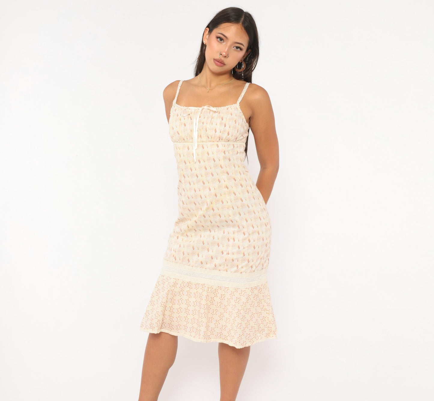 Y2K Floral Sundress Cream Tan Ribbon Bow Lace Trim Cotton Extra Small XS