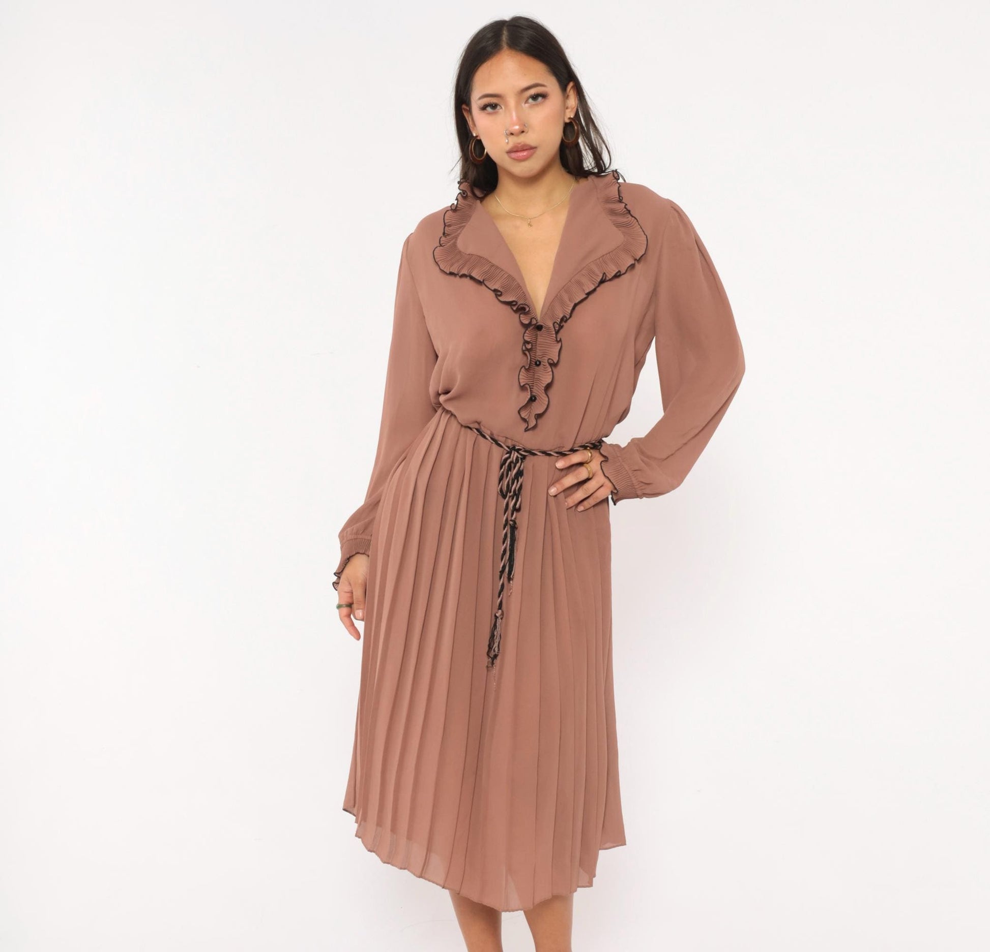 80s Cobina Mauve Pleated Dress Ruffled Collar V-Neck Blouson Sleeve Extra Large XL