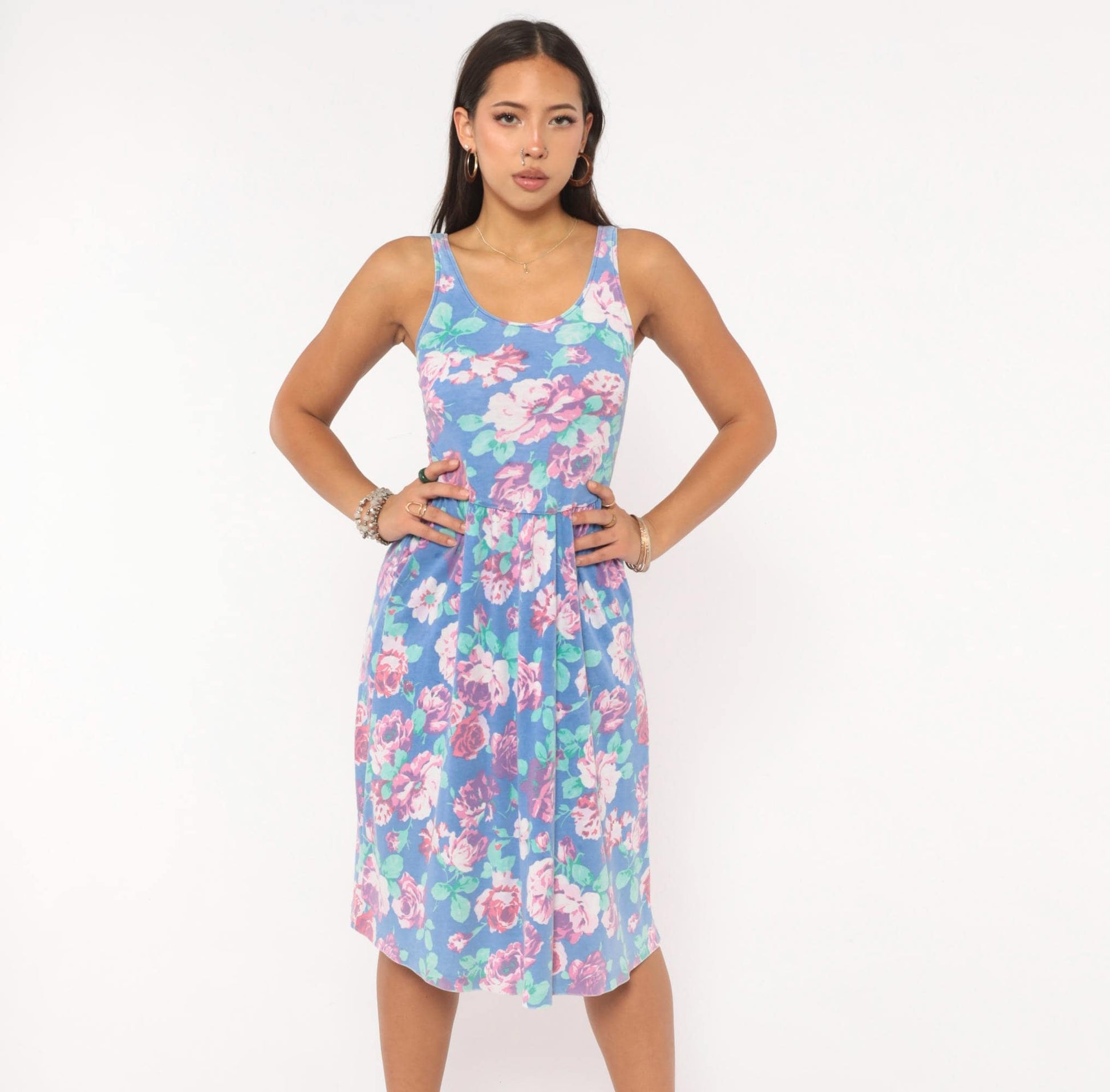 80s Periwinkle Floral Sundress Rose Print Gathered Skirt Knee Length XS