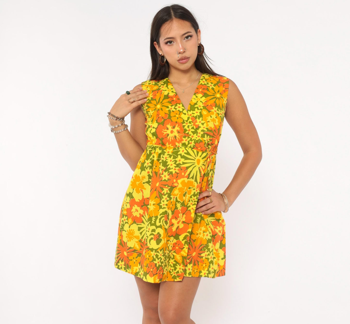 70s Ruth Clarage Psychedelic Floral Wrap Dress Mini Yellow Orange Small