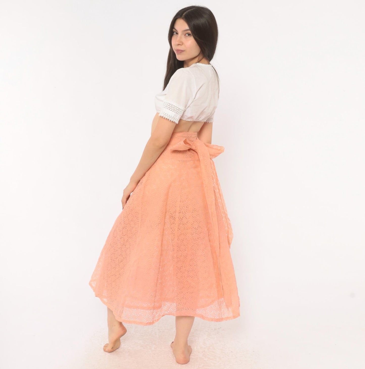 90s Peach Floral Lace Wrap Midi Skirt A-Line Daisy Sheer Medium to Extra Large