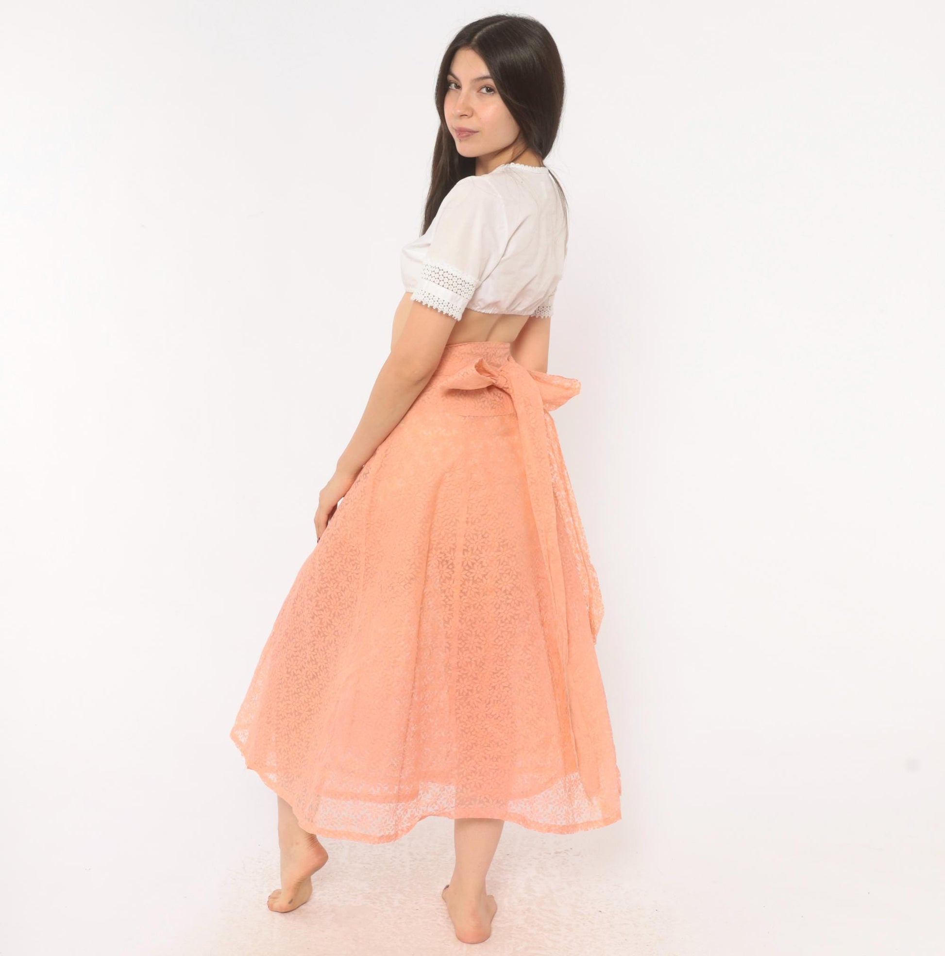 90s Peach Floral Lace Wrap Midi Skirt A-Line Daisy Sheer Medium to Extra Large