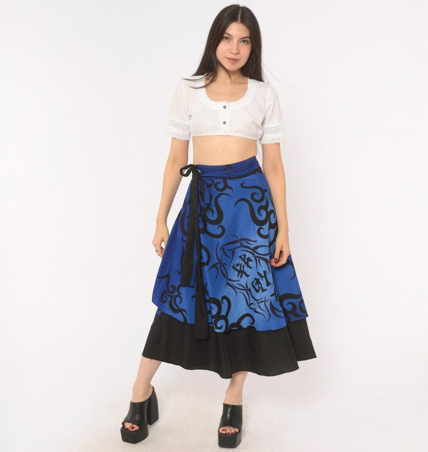 2000s Tribal Flame Print Wrap Skirt Blue Black Midi A-Line Small