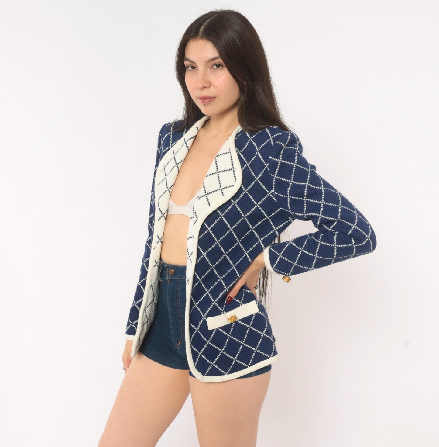 80s Castleberry Navy Diamond Knit Blazer White Trim Collarless Small