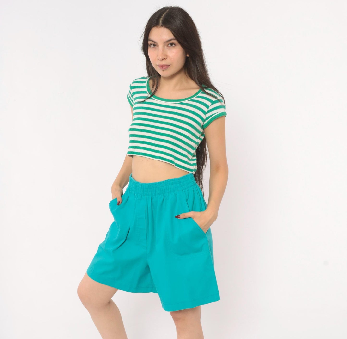 90s Cabin Creek Teal High Rise Shorts Wide Leg Cotton Elastic Waist Medium