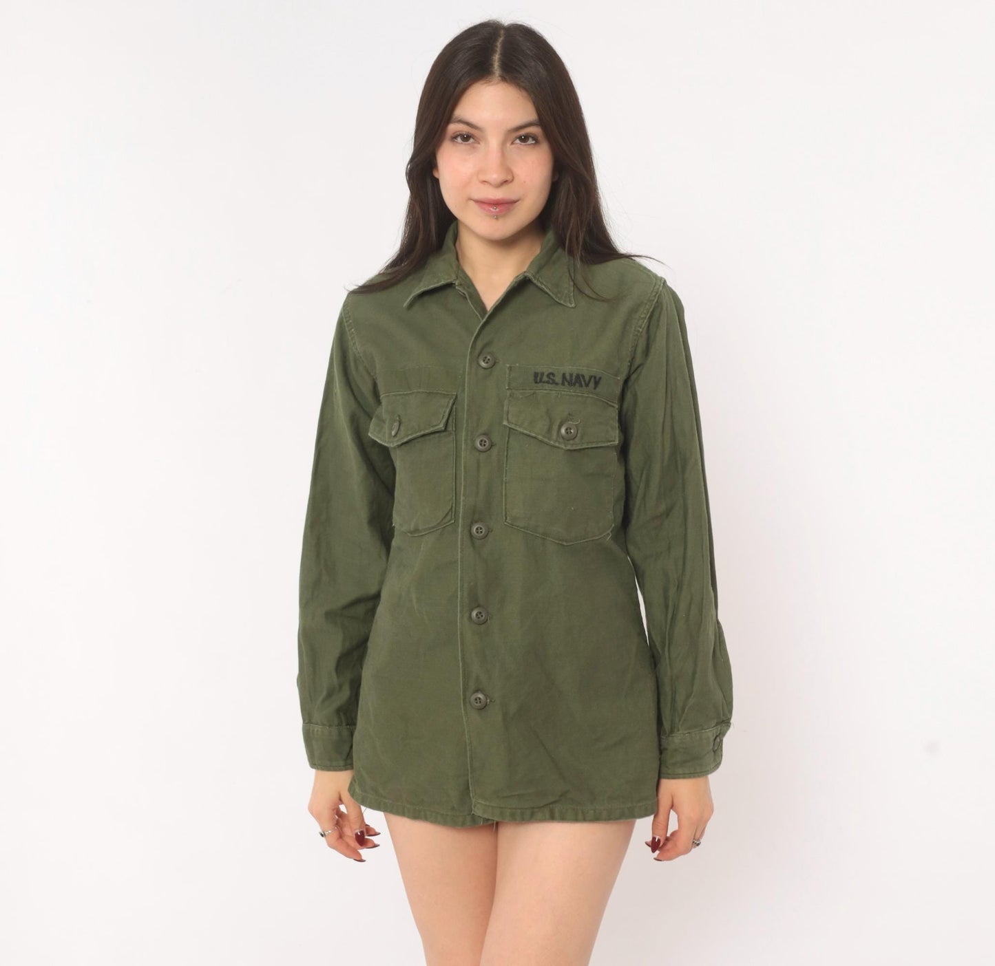 80s U.S. Navy Utility Shirt Olive Drab Cotton Military Field Top Medium