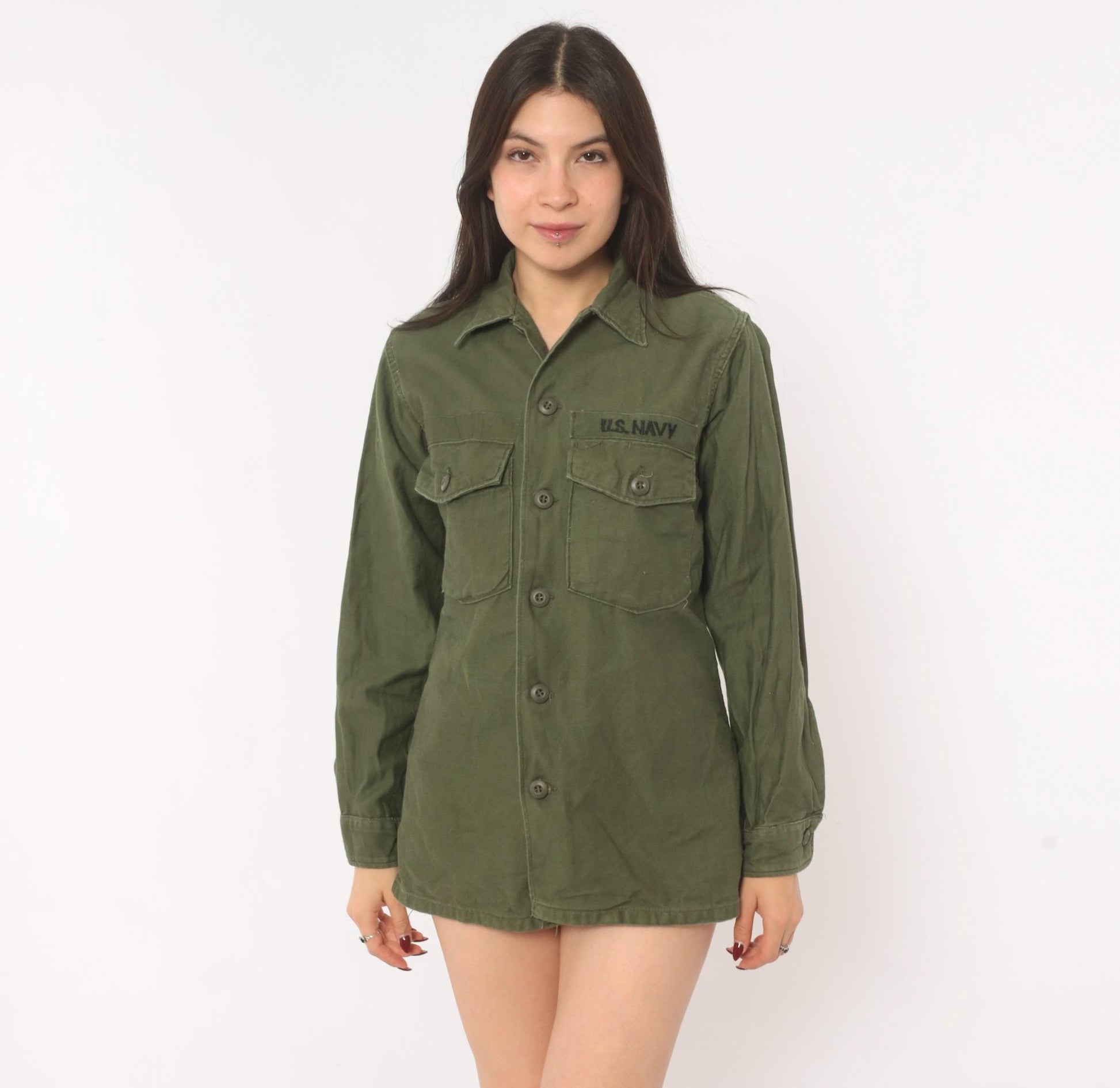 80s U.S. Navy Utility Shirt Olive Drab Cotton Military Field Top Medium