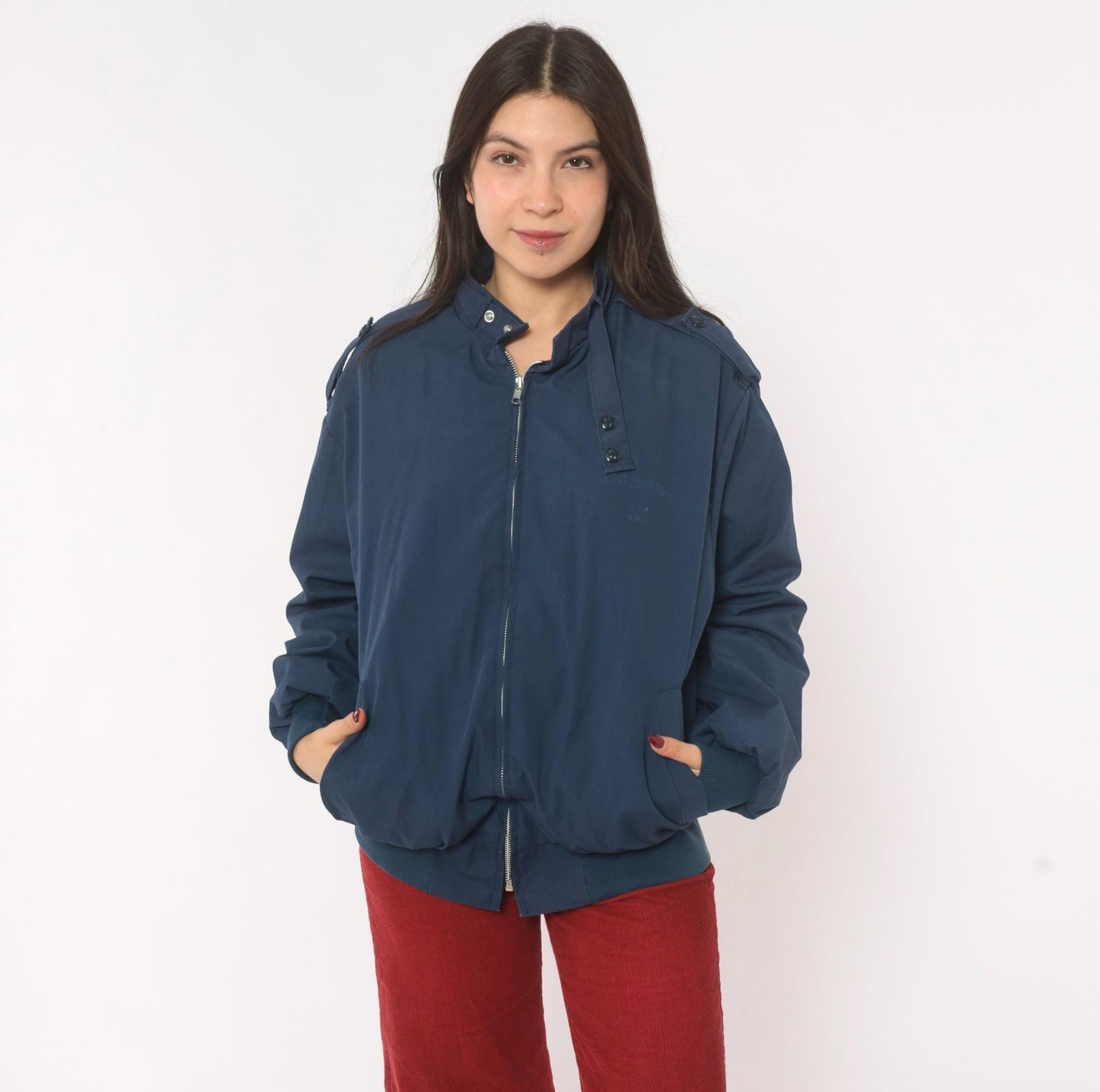 80s King Louie Navy Harrington Bomber Jacket Buffalo Plaid Lined Large L
