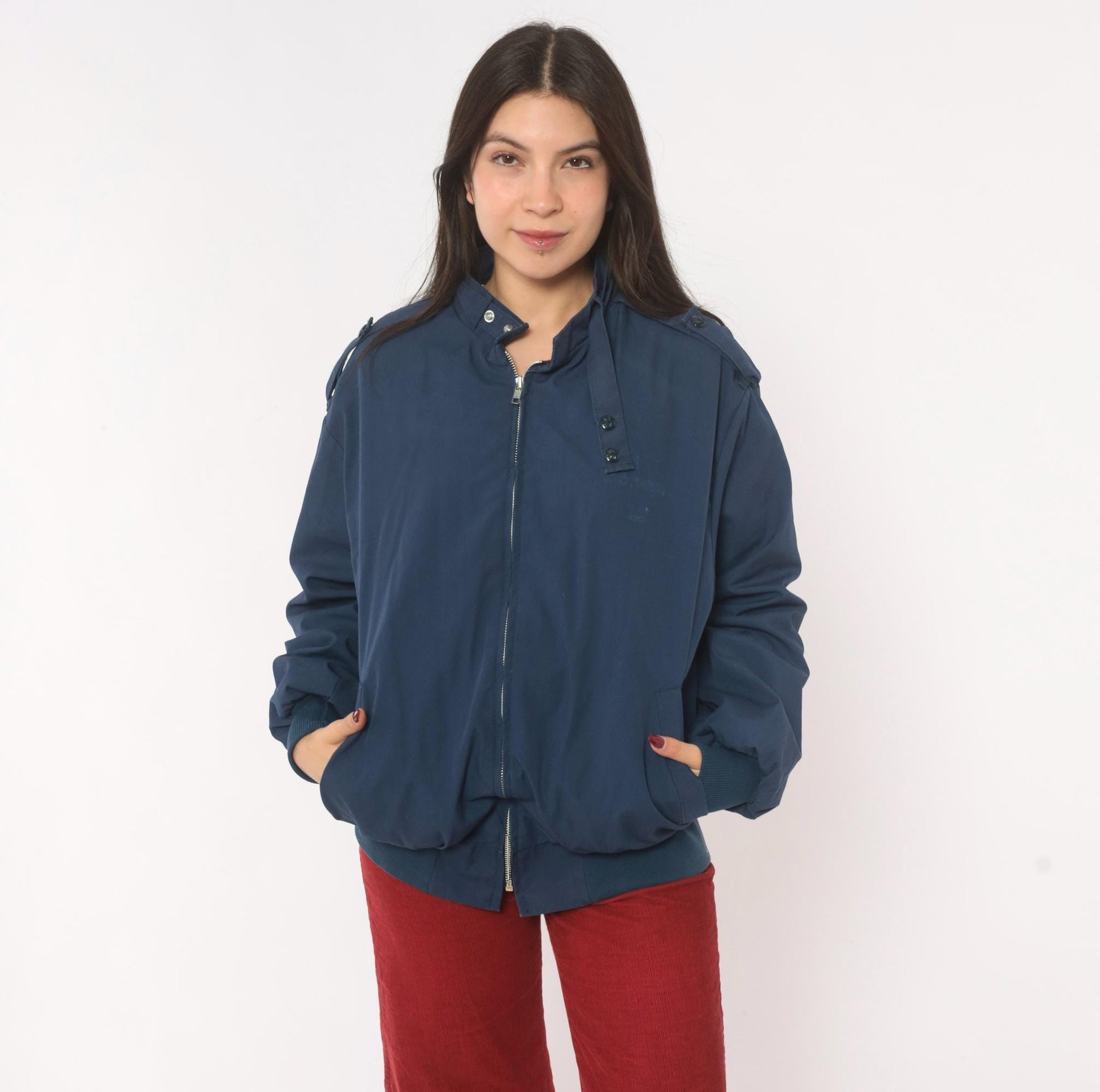 80s King Louie Navy Harrington Bomber Jacket Buffalo Plaid Lined Large L