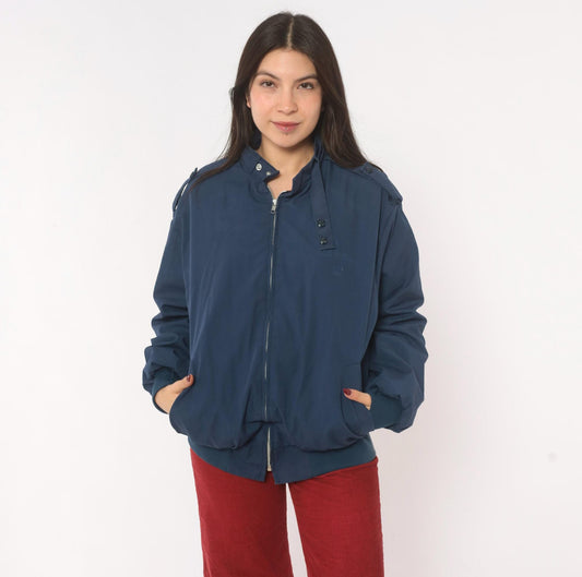 80s King Louie Navy Harrington Bomber Jacket Buffalo Plaid Lined Large L