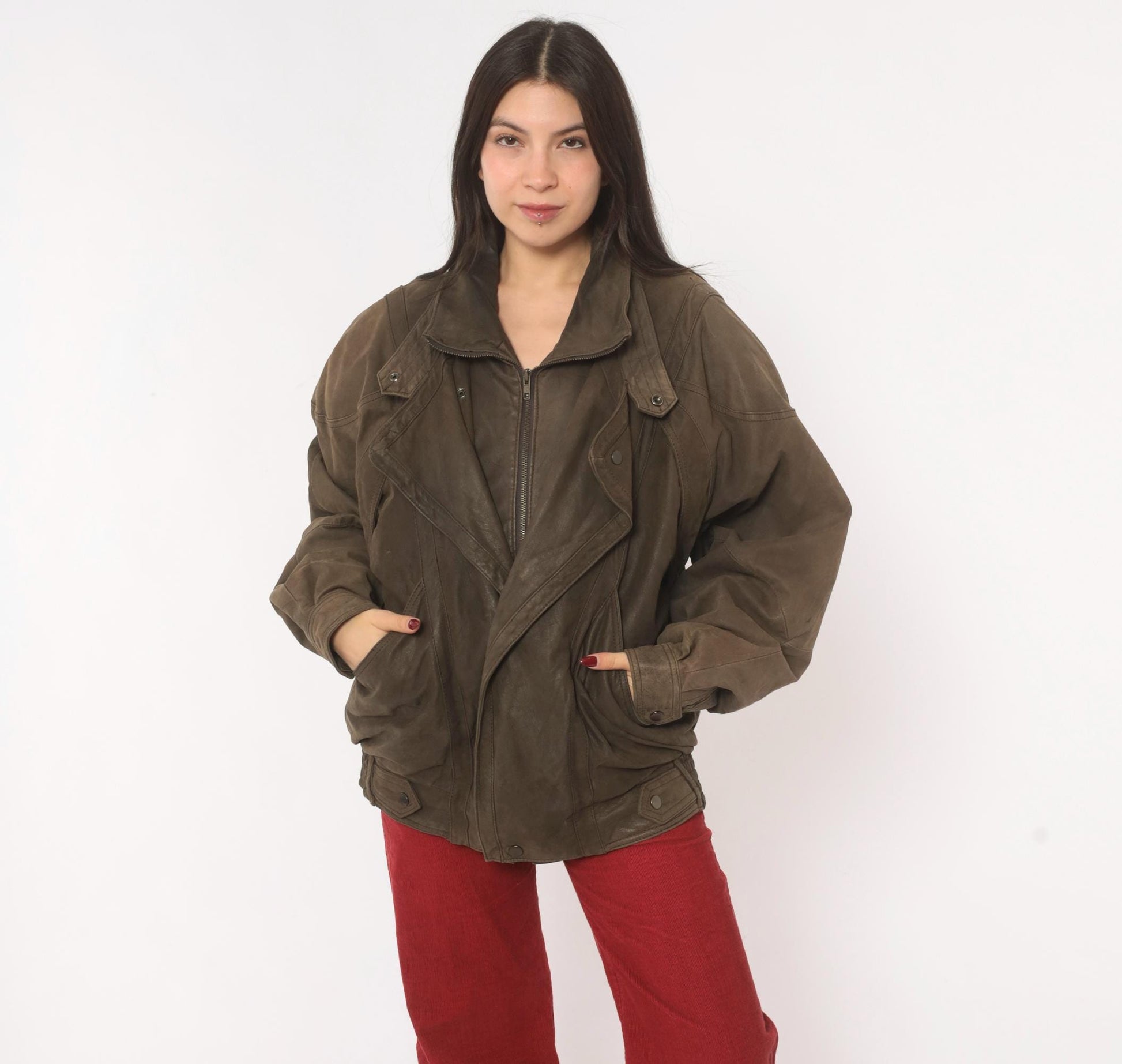 80s Pelle Studio Brown Leather Bomber Jacket Batwing Moto Large L