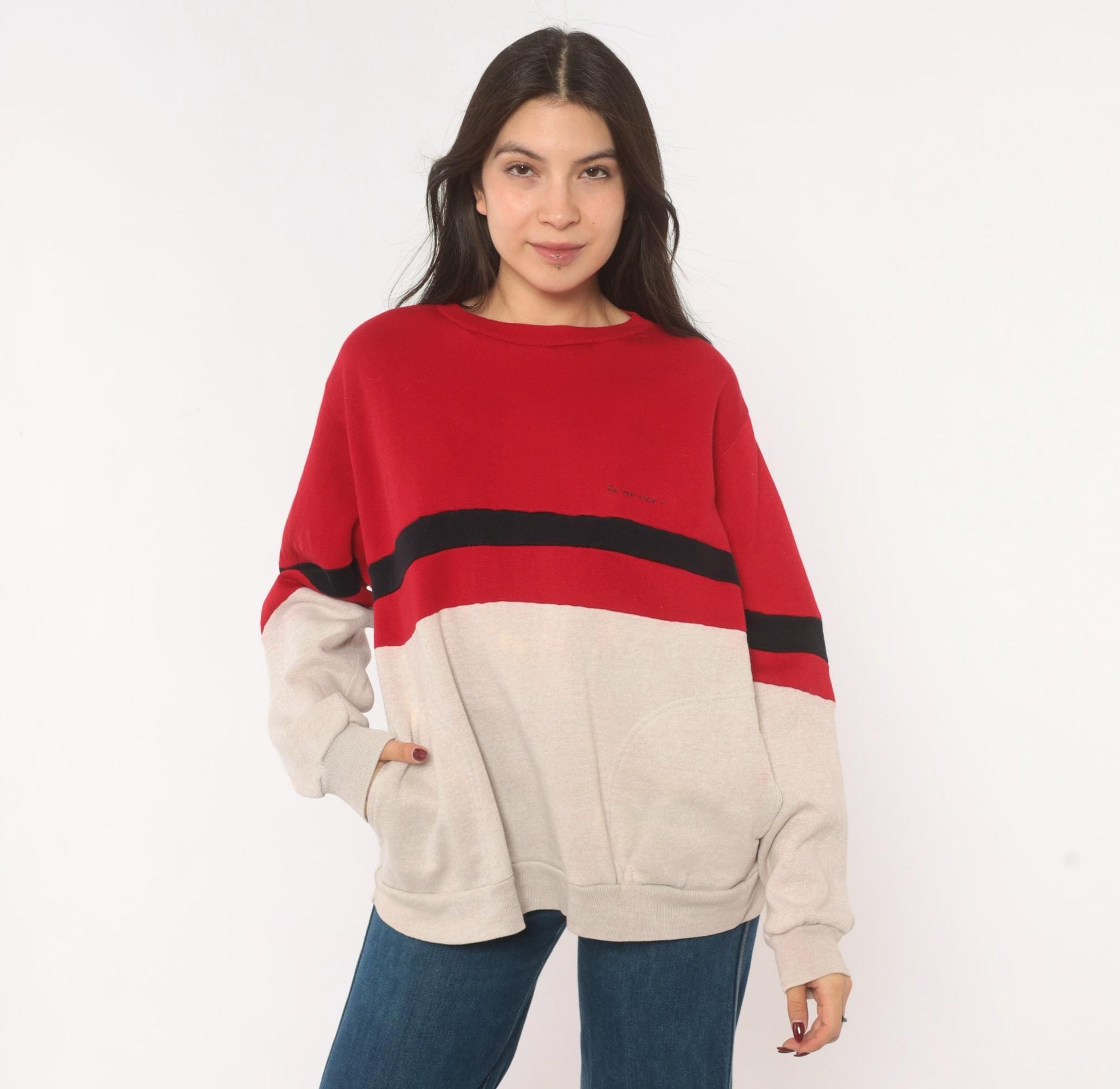 80s Dunlop Color Block Sweatshirt Red Cream Black Stripe Drop Shoulder Large